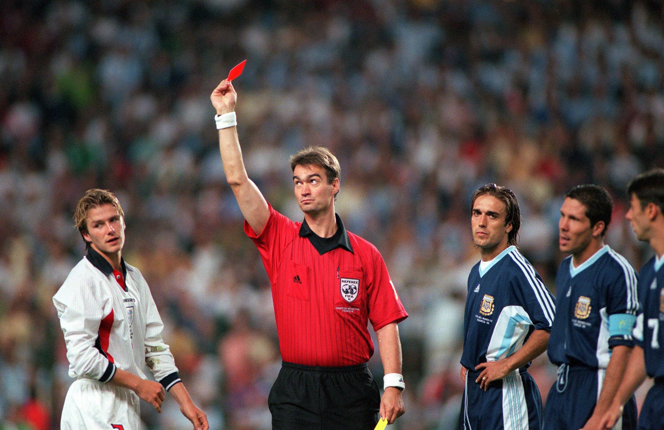 Beckham was shown a straight red card in a defining moment (Bob Thomas/Getty)
