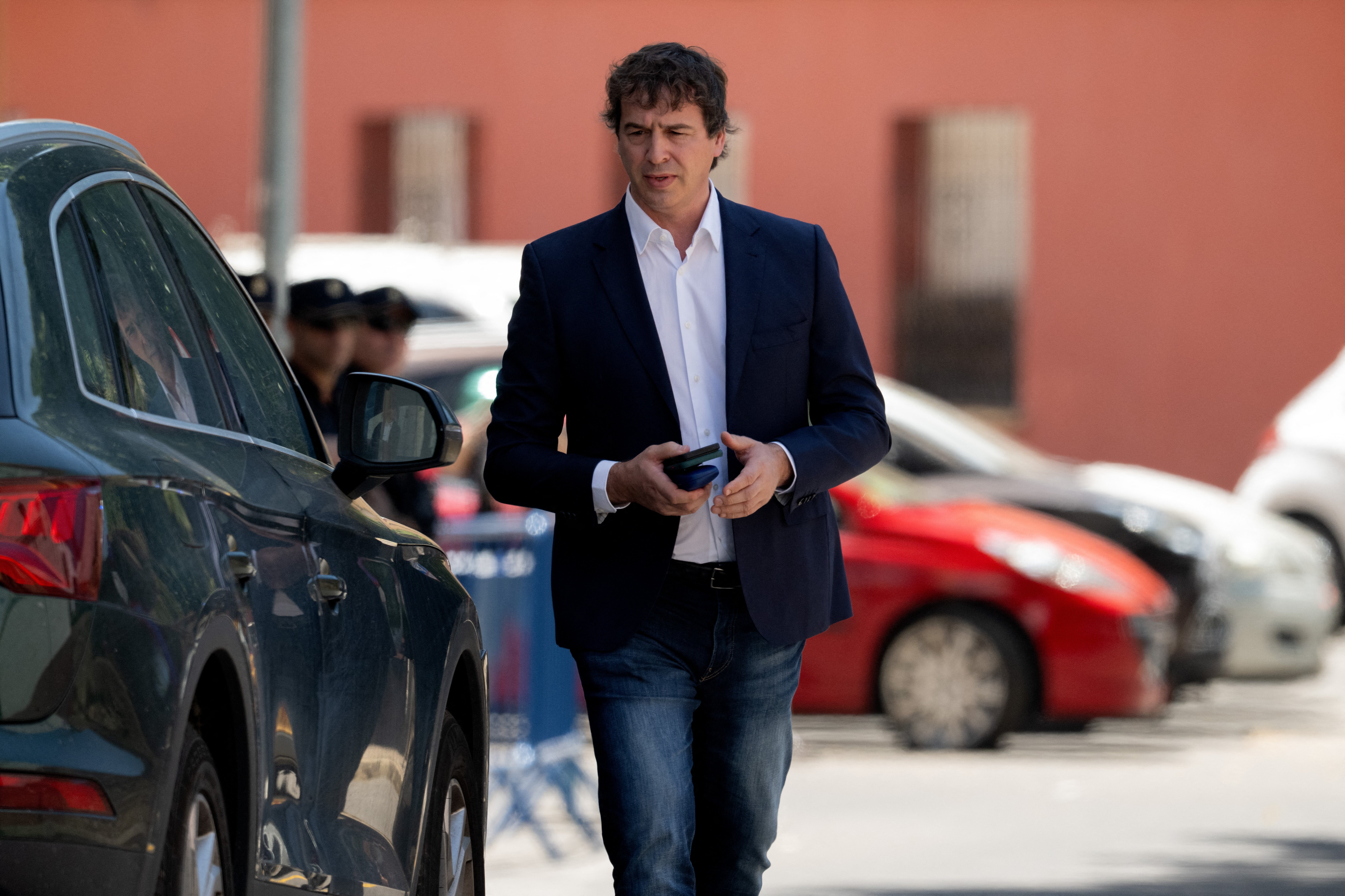David Sanchez Perez-Castejon, the brother of Spain's Prime Minister Pedro Sanchez leaves the Provincial Court of Badajoz.
