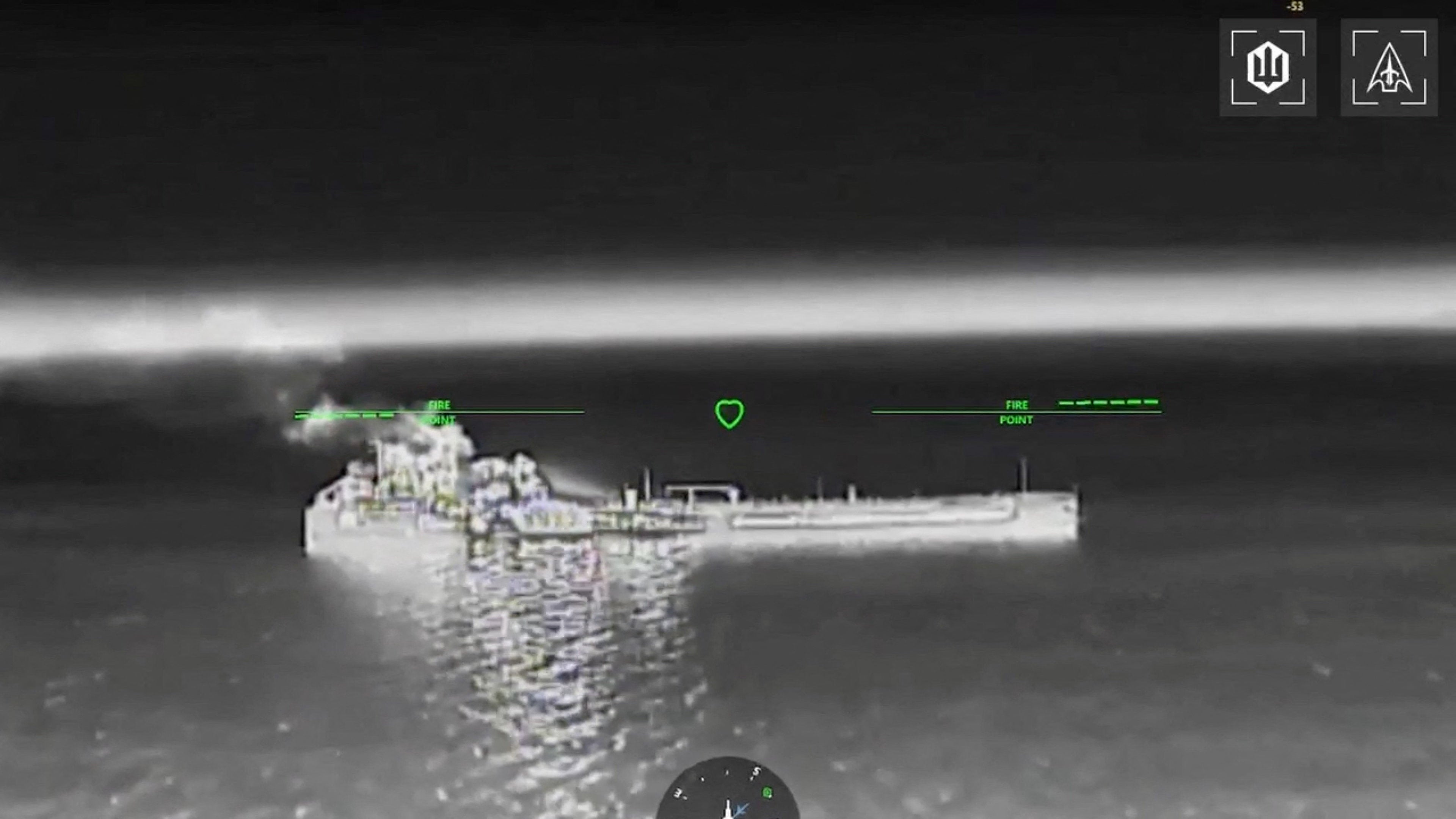 Drone footage shows fire and smoke rising from, what the Rostov region Governor said, was an empty oil tanker, following Ukraine's overnight drone attacks on Russia (Reuters)