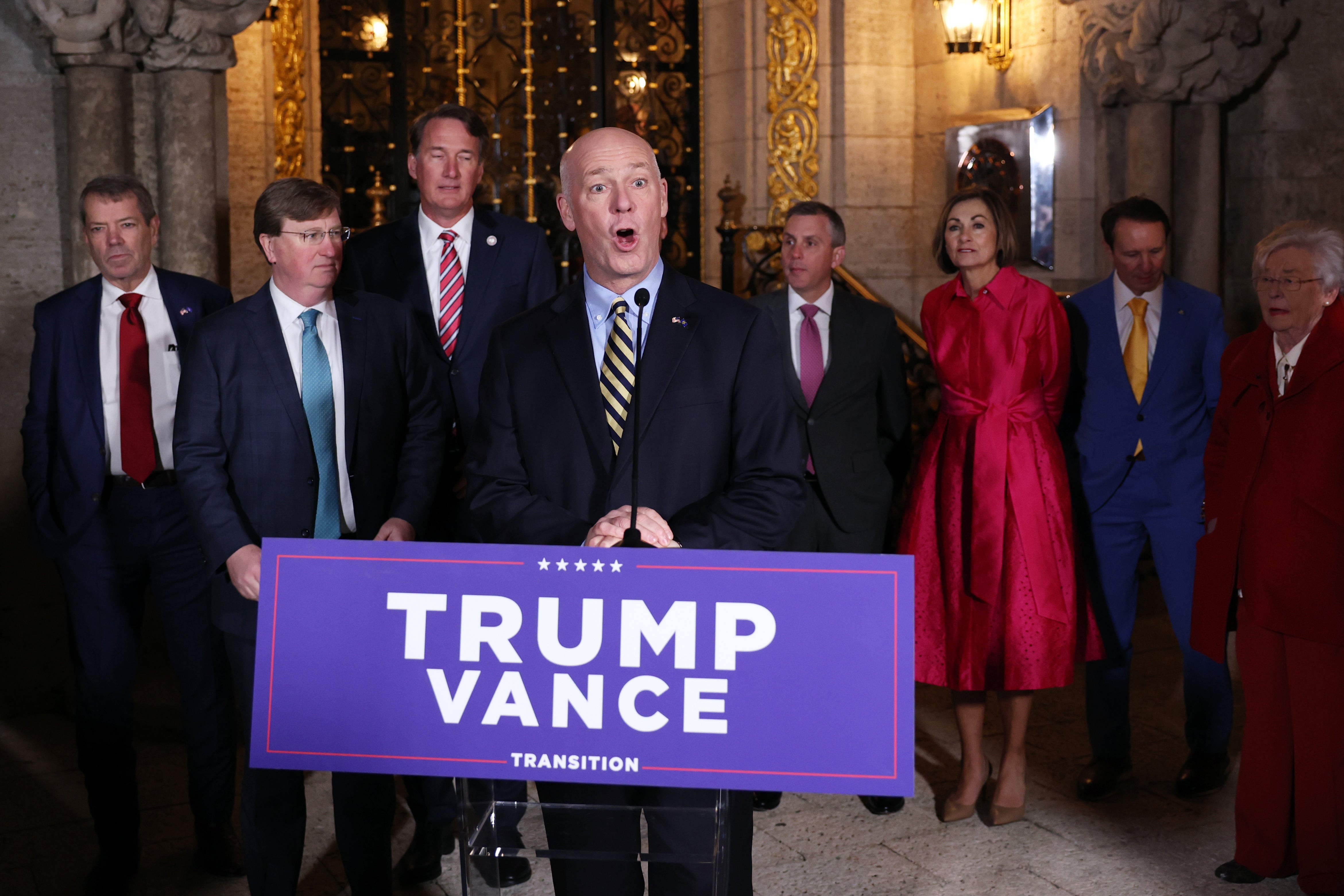 Montana governor Greg Gianforte speaks to reporters during a news conference along with Republican governors at the Mar-a-Lago Club on January 09, 2025 in Palm Beach