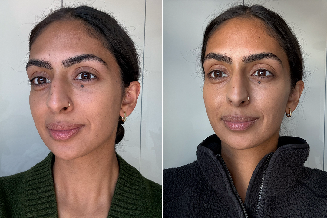 After application (left) and at the end of the day (right) (Sabrina Sahota/The Independent)