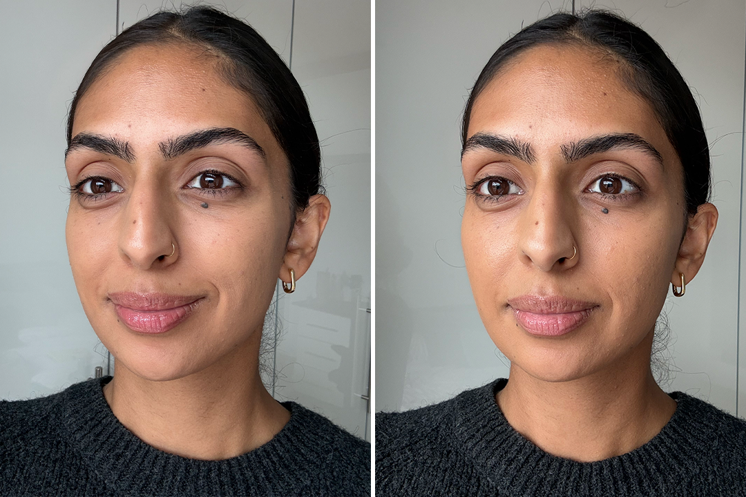 After application (left) and at the end of the day (right) (Sabrina Sahota/The Independent)