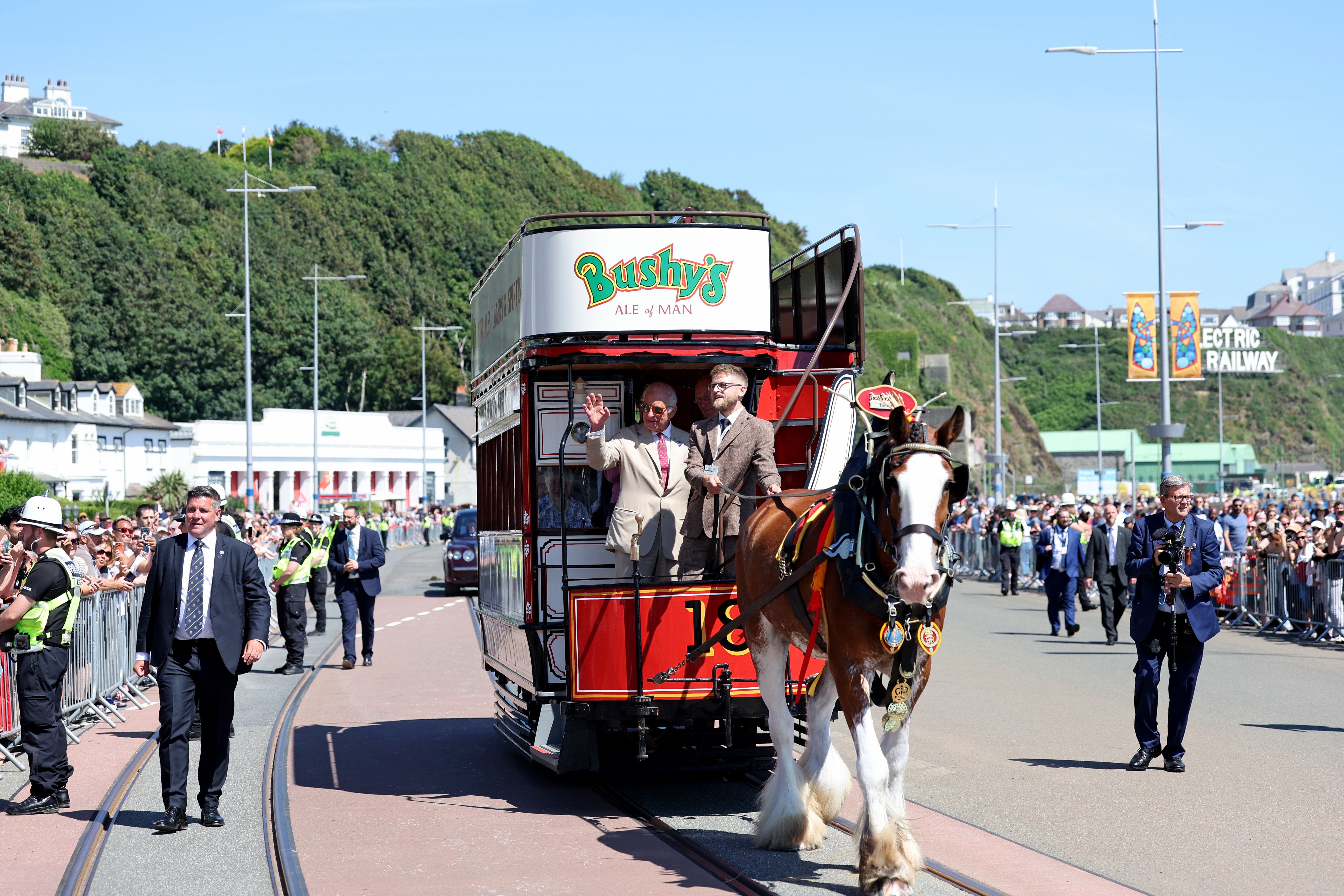 King Charles III, Lord of Mann, takes a ride on one of the island’s horse trams (PA)