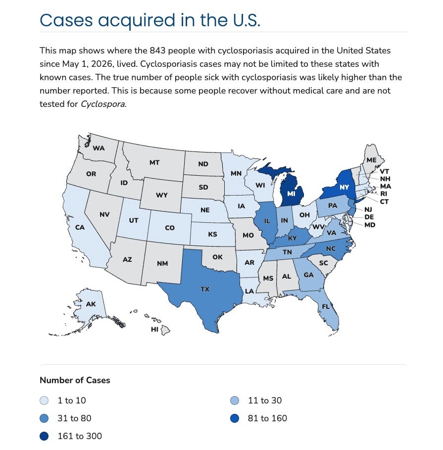 This map shows cyclosporiasis cases that have been confirmed by the Centers for Disease Control and Prevention. The agency’s data is lagging behind state counts (CDC)