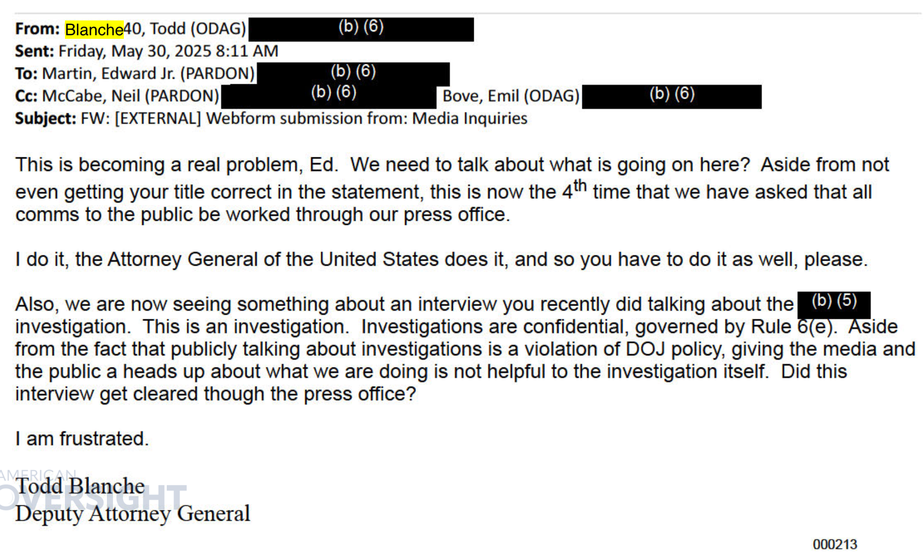In one message, Blanche reprimanded weaponization czar Ed Martin for speaking with reporters and using the wrong title in his statements to the press