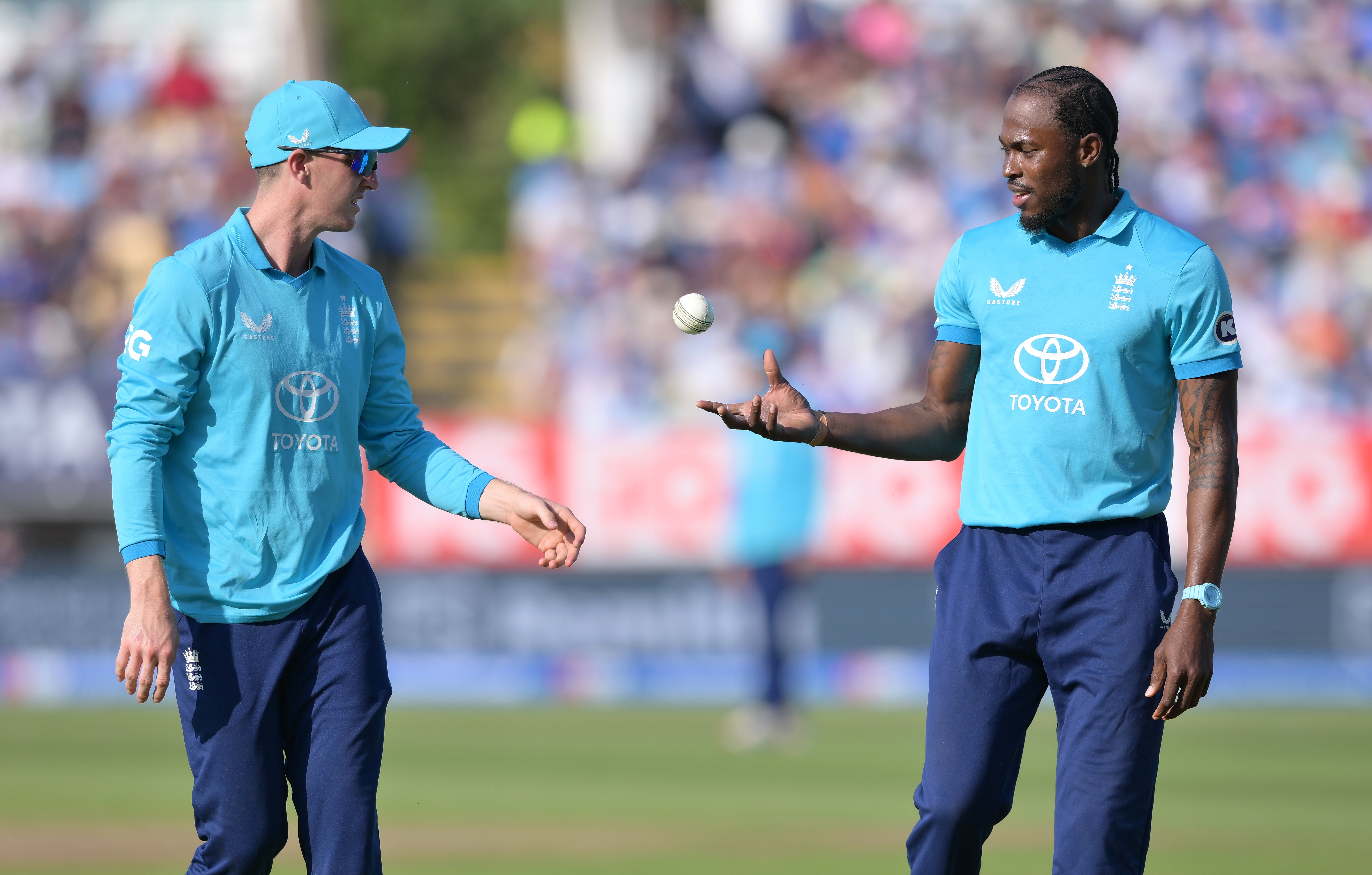 England’s Harry Brook (left) and Jofra Archer during the First Metro Bank ODI (Garu Oakley/PA)