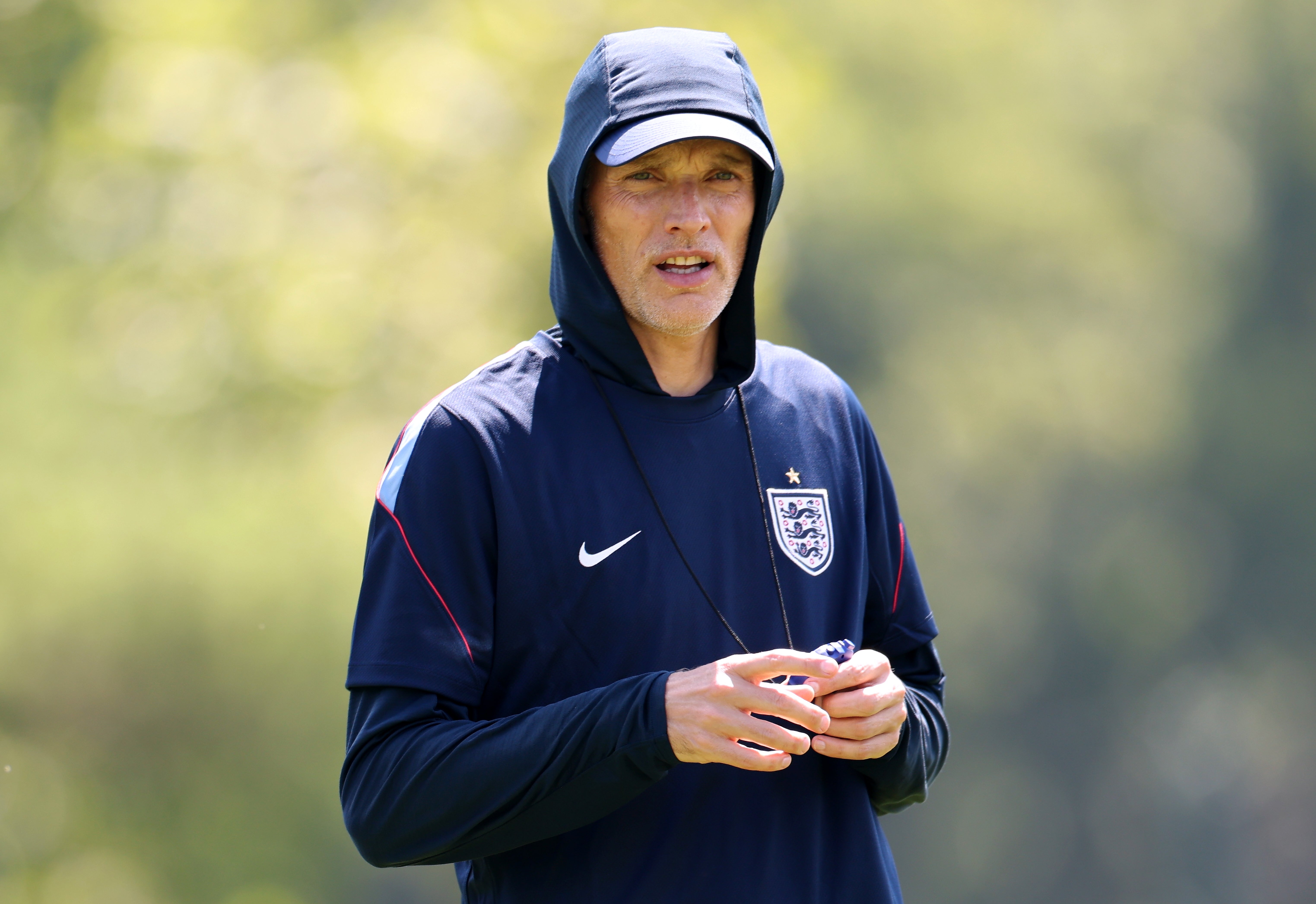 Thomas Tuchel, Manager of England, looks on during training (Getty)