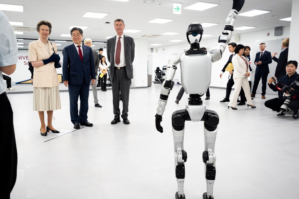A realeza de Anna se encontra com um robô durante sua turnê na Coreia do Sul A realeza de Anna se encontra com um robô durante sua turnê na Coreia do Sul