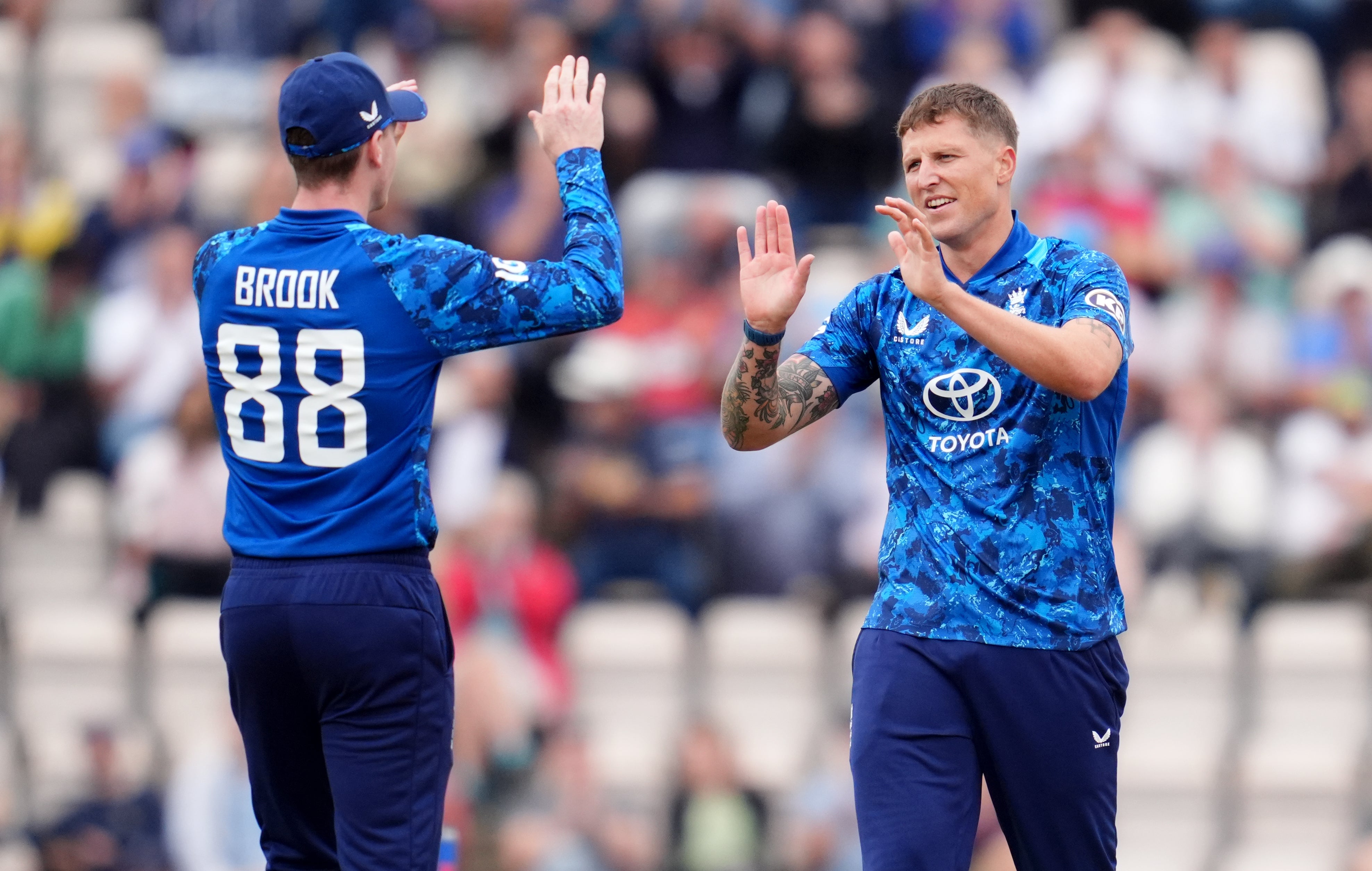 Harry Brook (left) celebrates with Brydon Carse (right). (Adam Davy/PA) (PA Archive)