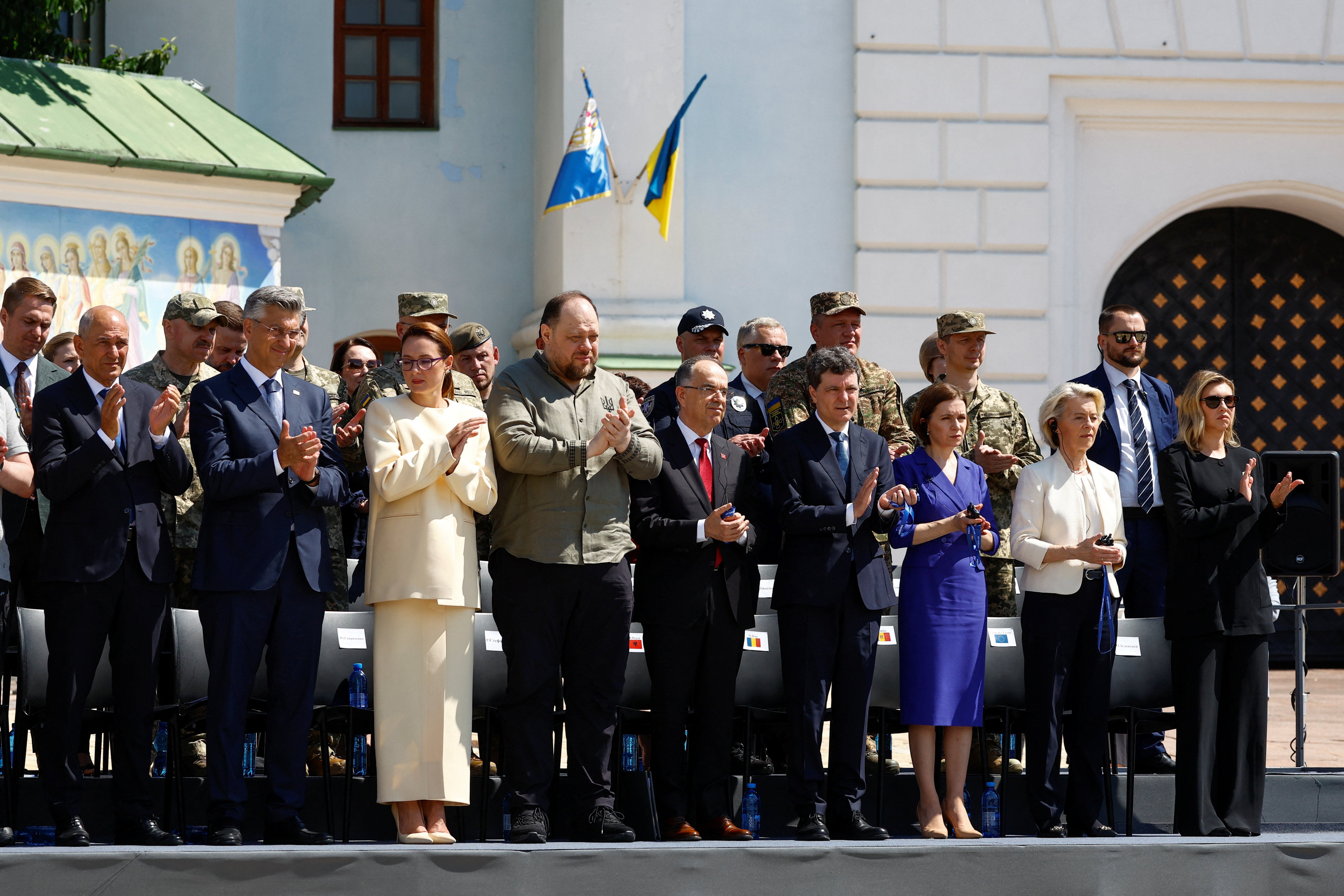 Ukraine's First Lady Olena Zelenska, Prime Minister Yulia Svyrydenko, Parliament Speaker Ruslan Stefanchuk, European Commission President Ursula von der Leyen, Moldova's President Maia Sandu, Romania's President Nicusor Dan, Croatian Prime Minister Andrej Plenkovic, Slovenian Prime Minister Janez Jansa, Albania's President Bajram Begaj attend a ceremony to mark the Day of Ukrainian Statehood in front of St. Michael's Cathedral, amid Russia's attack on Ukraine, in Kyiv, Ukraine July 15 (Reuters)