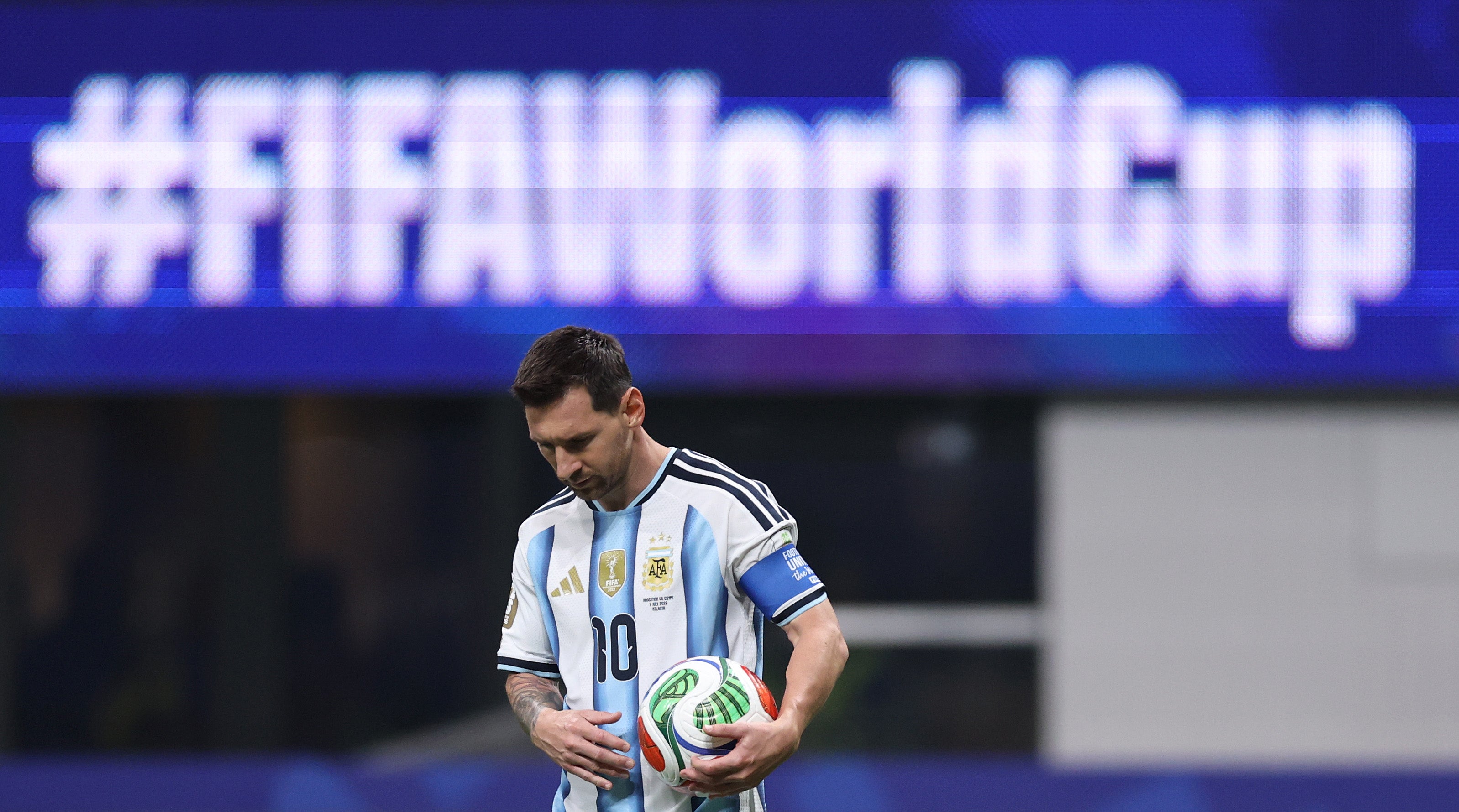 Lionel Messi #10 of Argentina prepares to take a penalty kick during the FIFA World Cup 2026 Round of 16 match between Argentina and Egypt at Atlanta Stadium on July 07, 2026 in Atlanta, Georgia