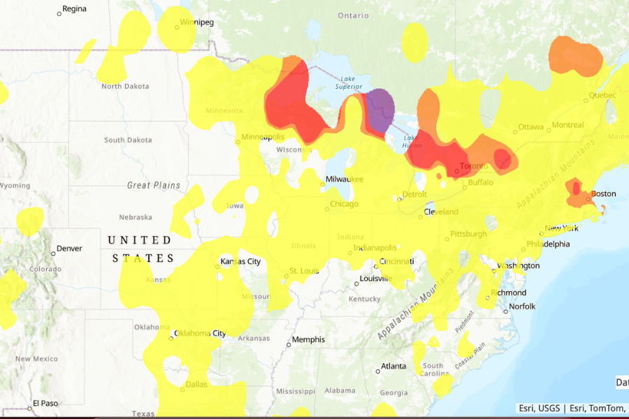 The forecast map shows wildfire smoke from Canada spreading across the U.S. and southern Canada Wednesday morning, with the heaviest concentrations expected around the Great Lakes and Northeast
