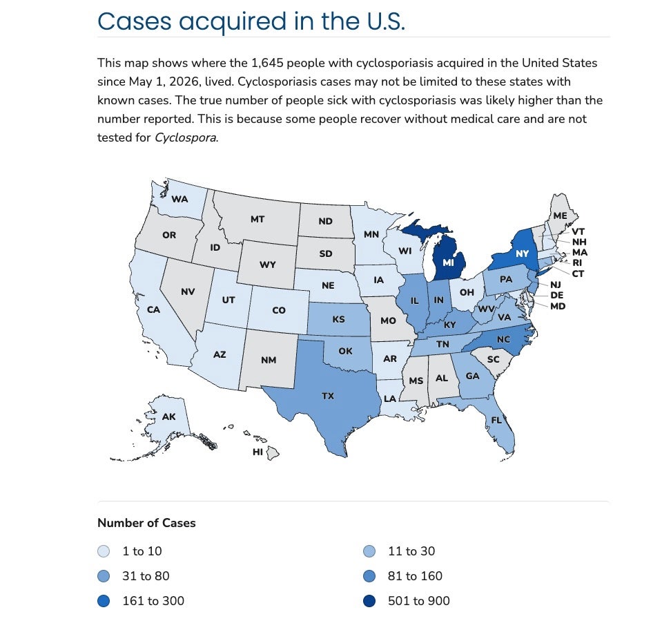 This map shows cyclosporiasis cases that have been confirmed by the Centers for Disease Control and Prevention. The agency’s data is lagging behind state counts