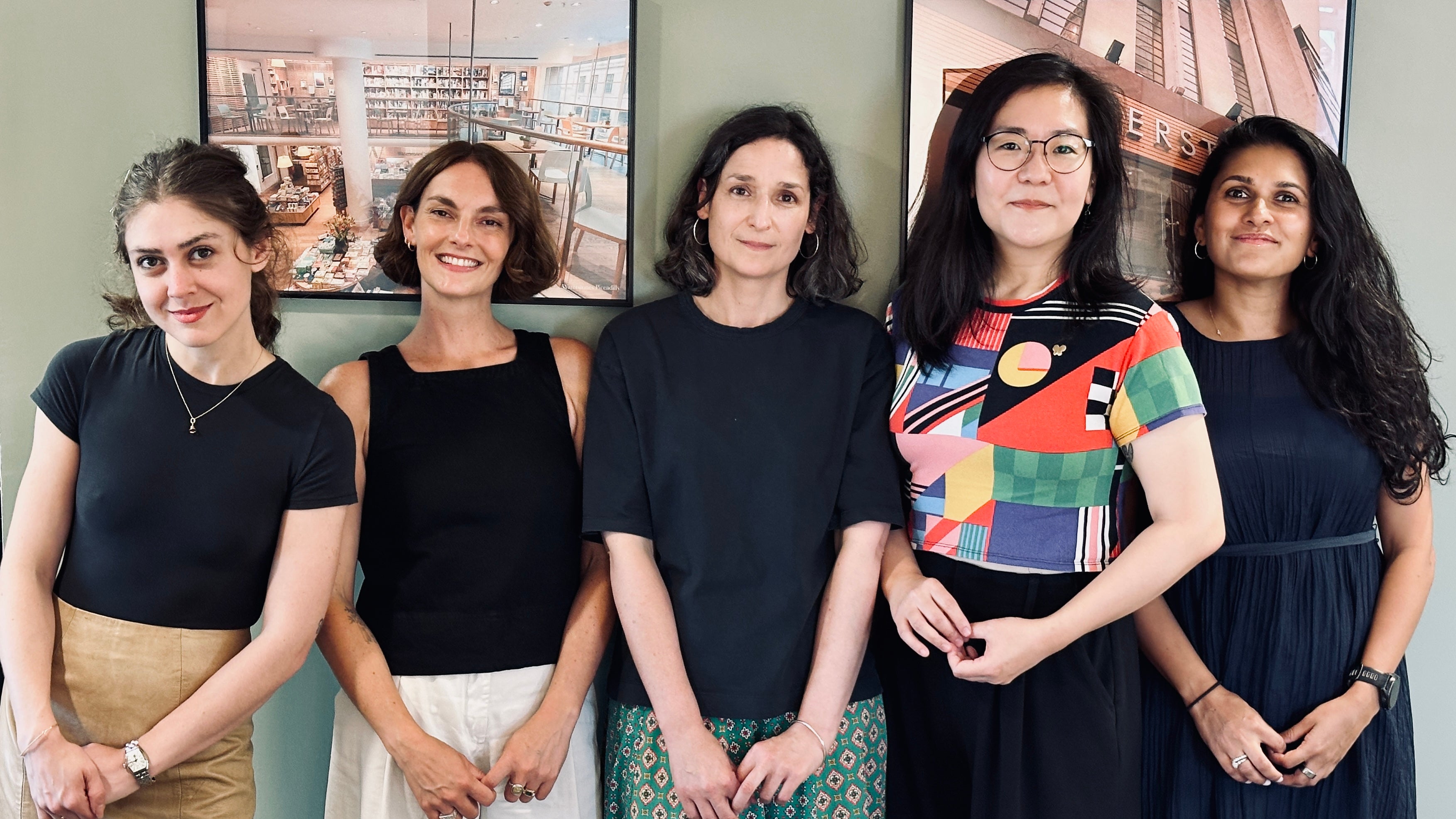 The shortlisted authors [left to right]: Madeleine Cash, Rebecca Perry, Angela Tomaski, Han Jiyoung, Tara Menon (Waterstones)