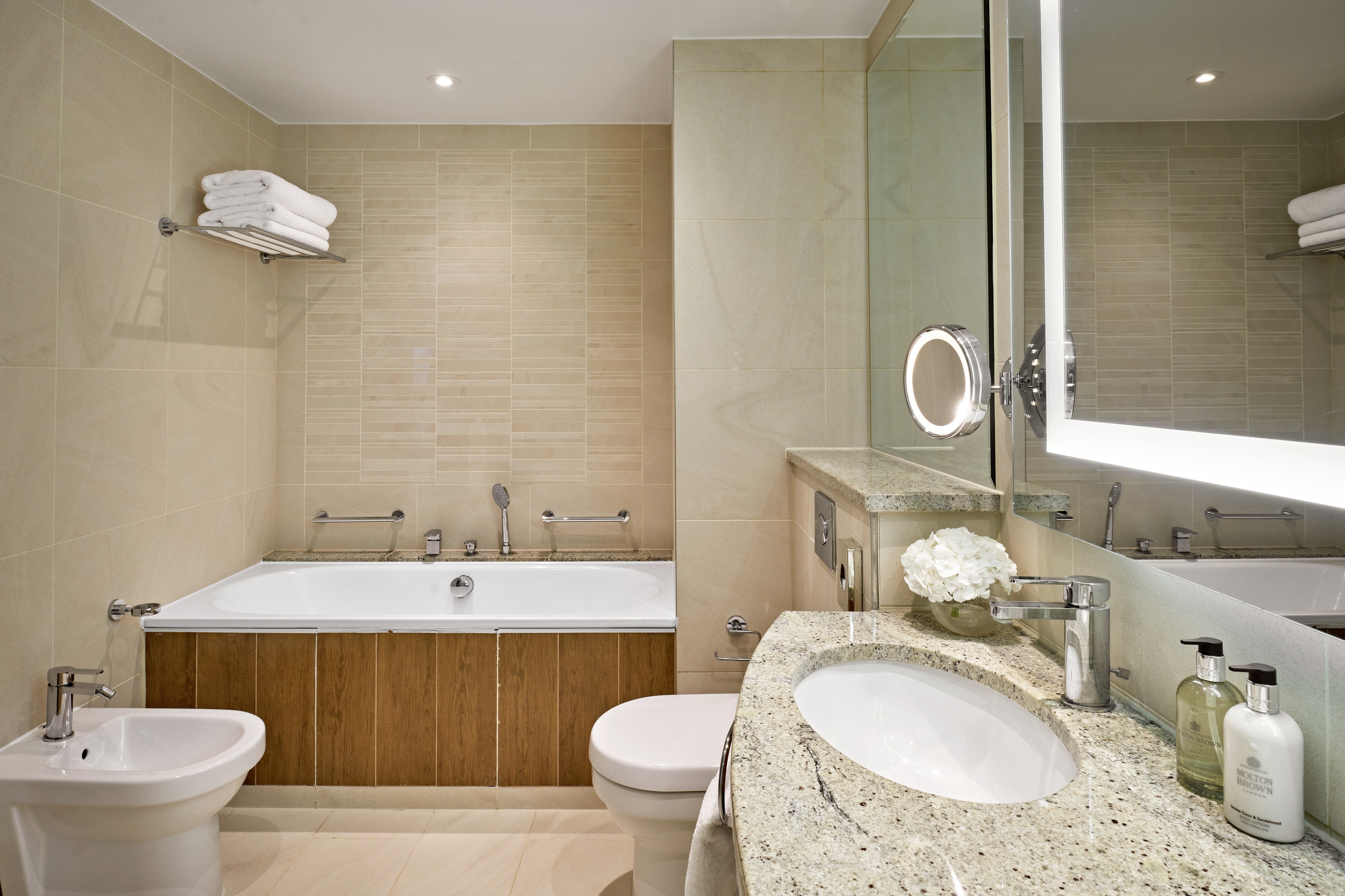 The bathrooms feature marble detailing and Molton Brown products
