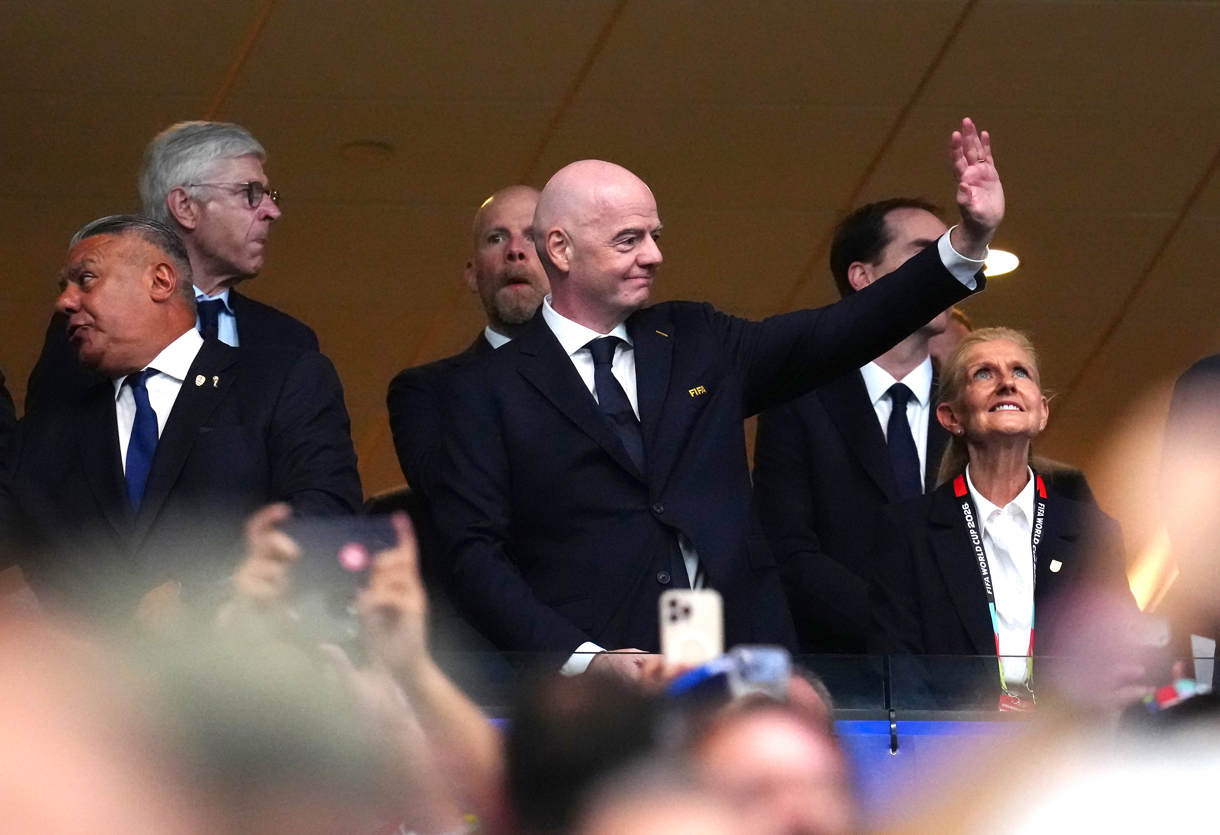 FIFA President Gianni Infantino and English Football Association President Debbie Hewitt (right) during the FIFA World Cup 2026 semi-final match at the Atlanta Stadium (Nick Potts/PA Wire)