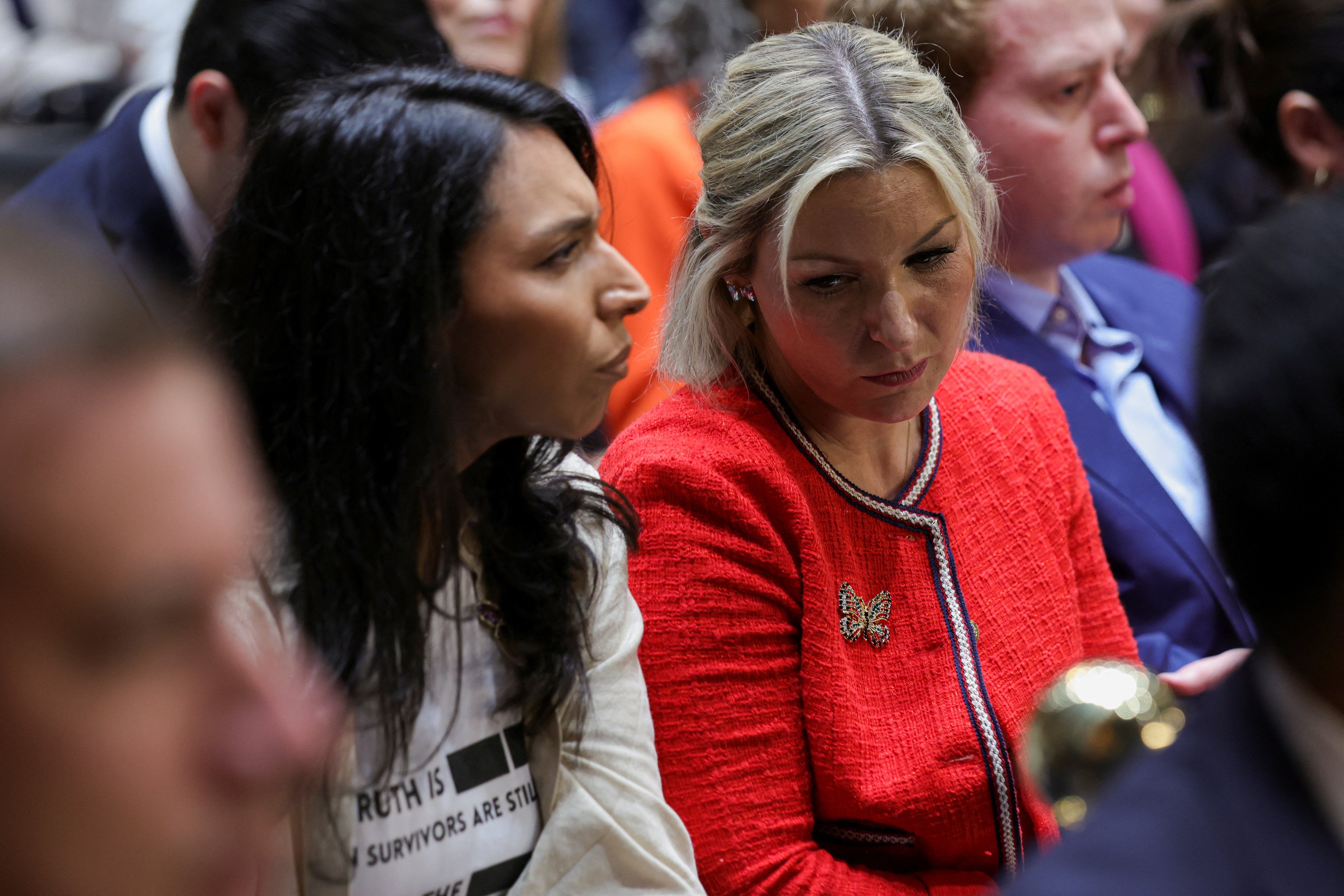Amanda Roberts, sister-in-law of Epstein victim Virginia Giuffre, and Dani Bensky, another survivor of the well-connected financier’s abuse, sit in the gallery during Todd Blanche's confirmation hearing Wednesday.
