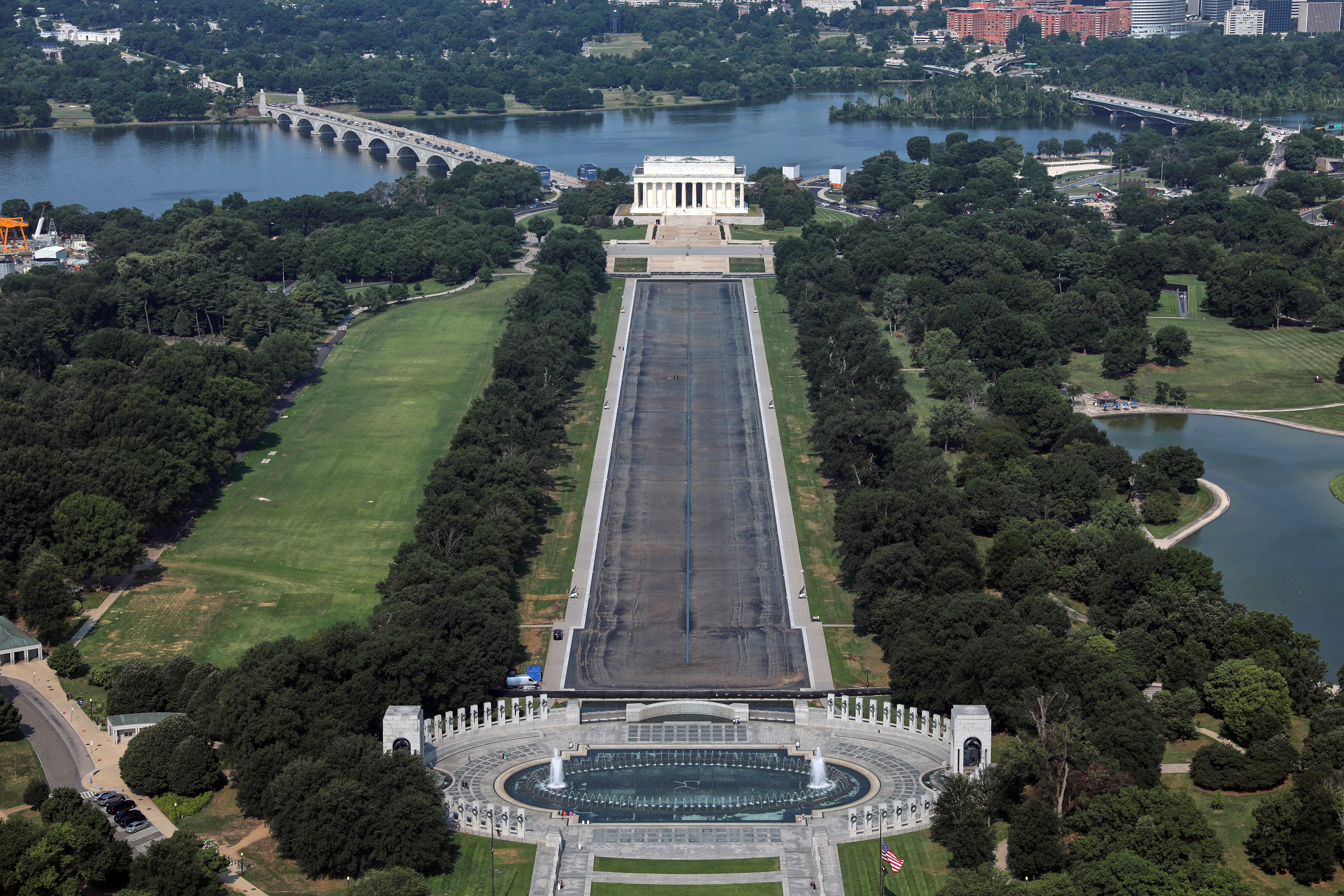 The Lincoln Memorial and the Reflecting Pool seen from the Washington Monument on July 15, 2026