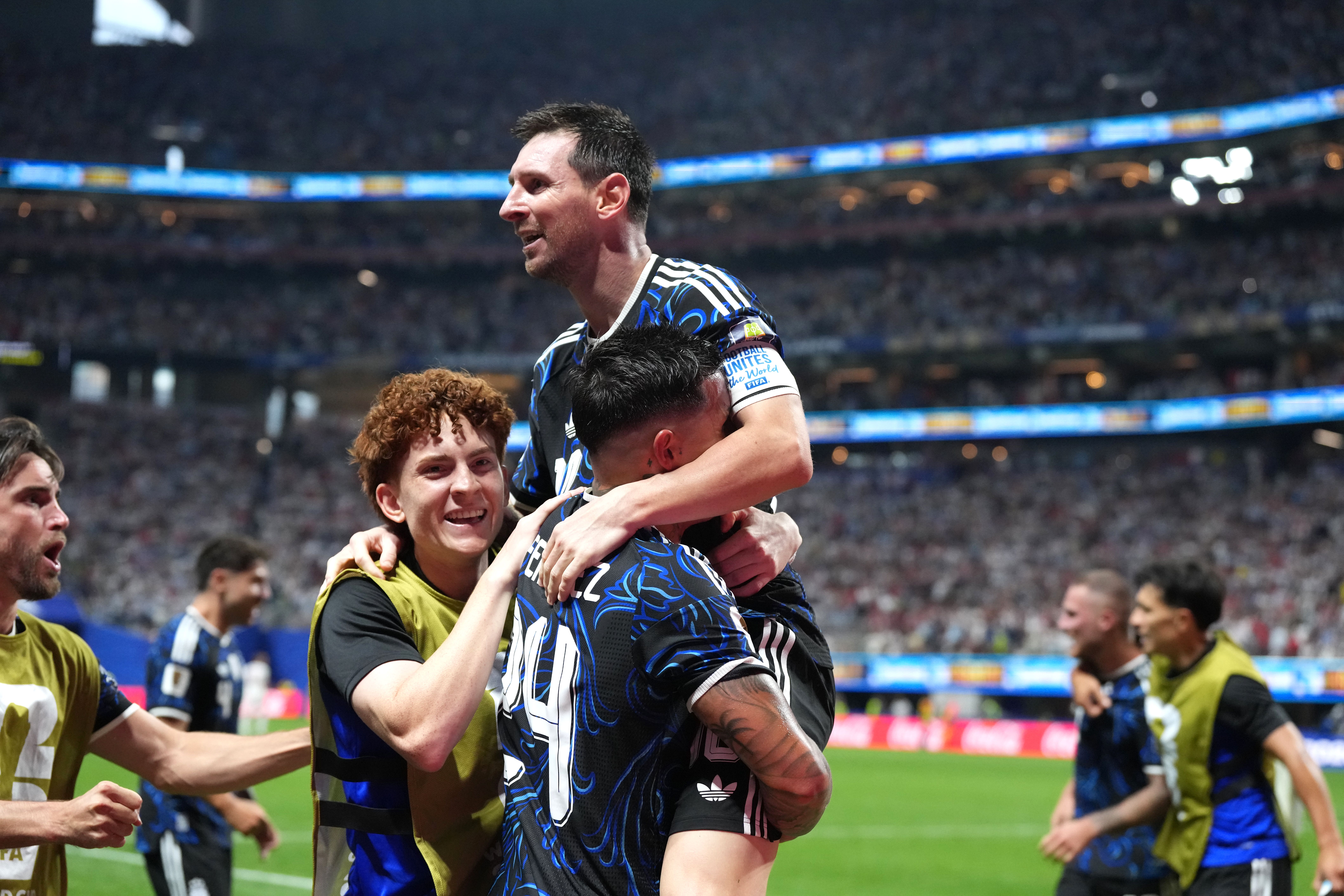 Messi celebrates their side’s second goal of the game with teammates at the Atlanta Stadium