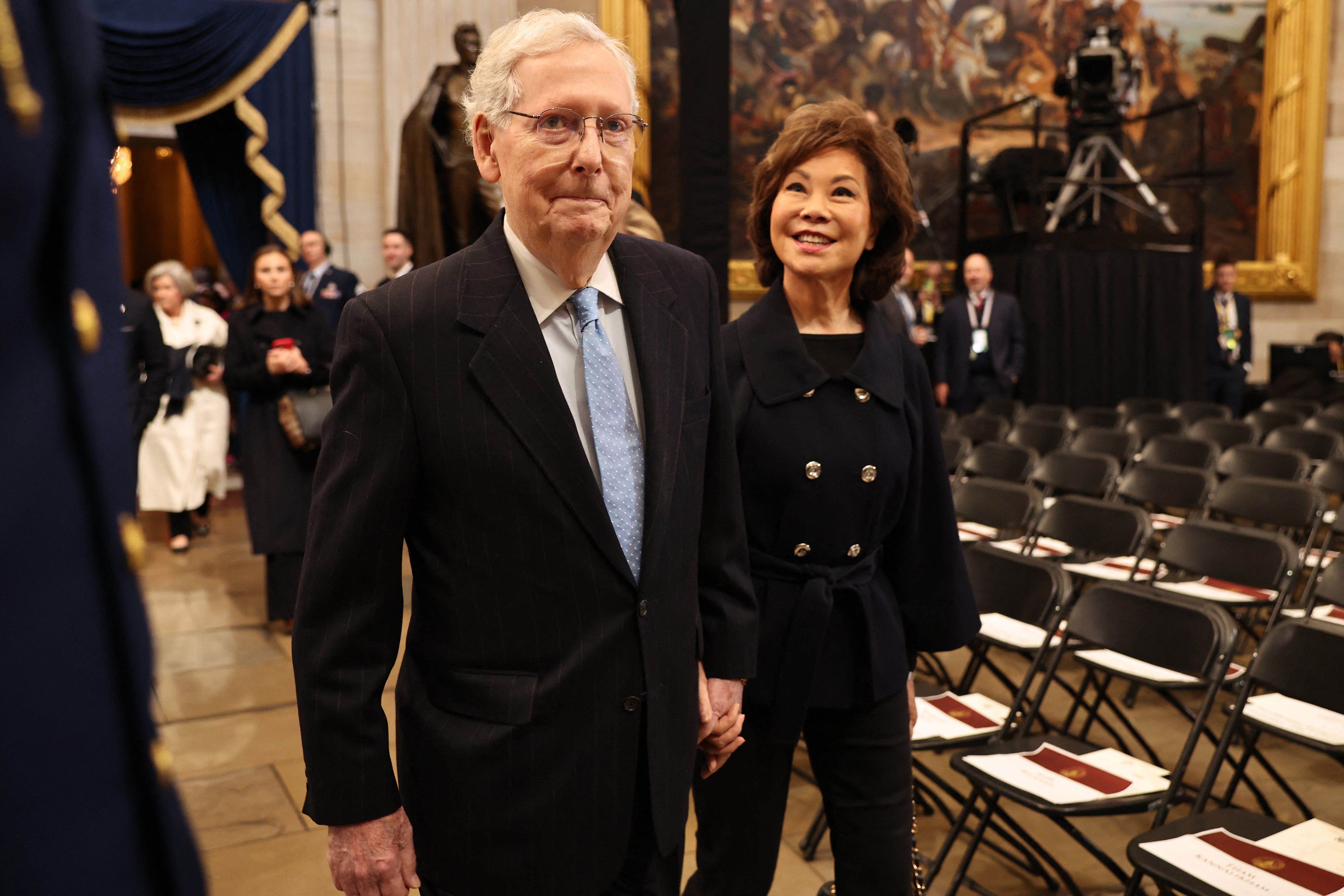 The Kentucky Republican and his wife, Elaine Chao, were pictured together in the hospital in a photo released Sunday night (POOL/AFP via Getty Images)