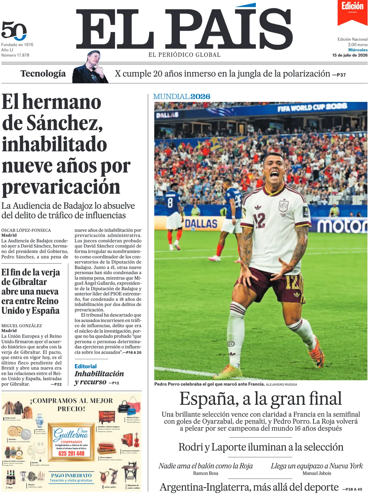 El Pais runs with 'Spain, to the big final' (El Pais)