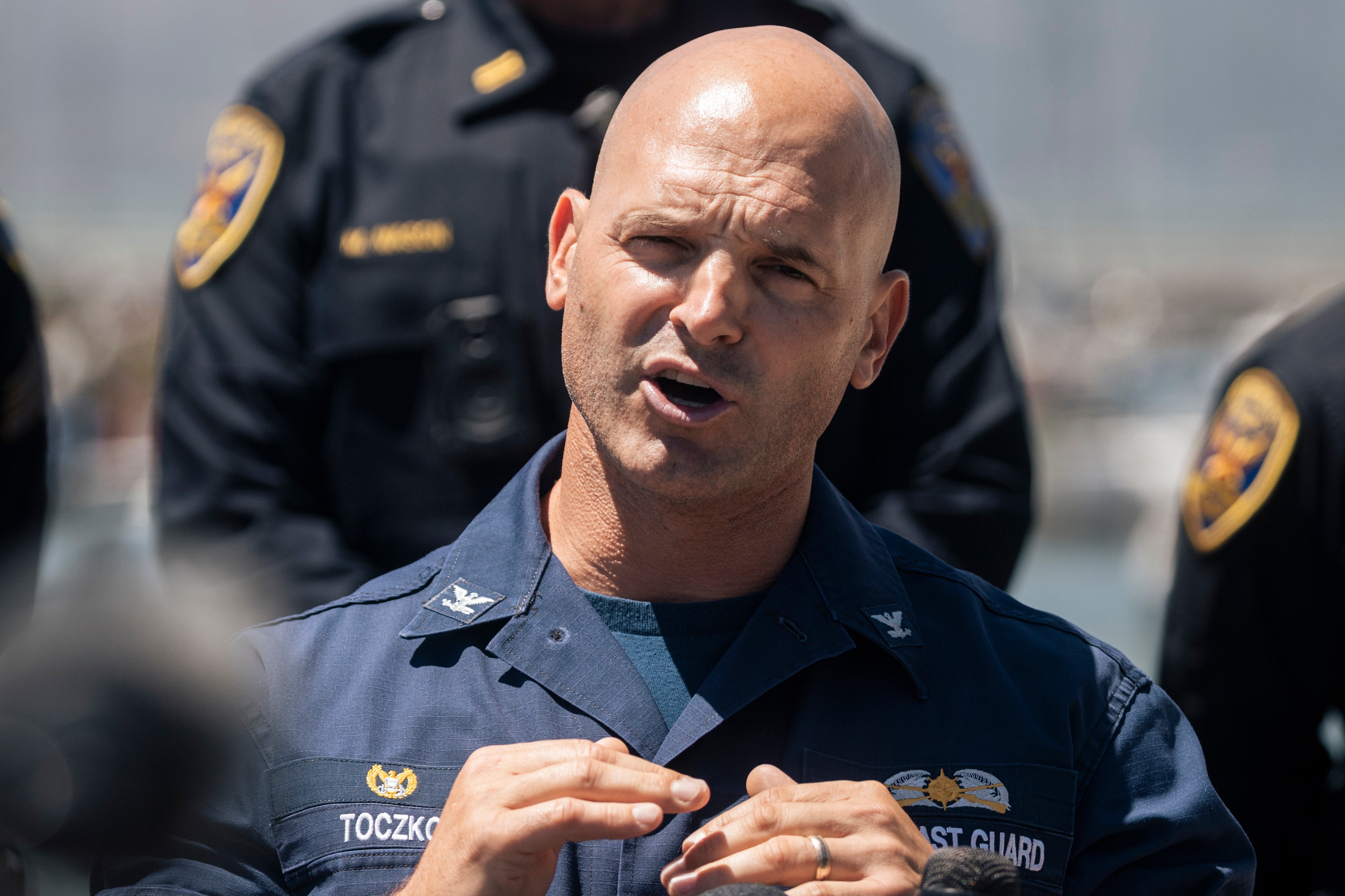 Captain Jarod Toczko, Commander of Sector San Francisco of the U.S. Coast Guard, speaks during a news conference in San Francisco (AP)