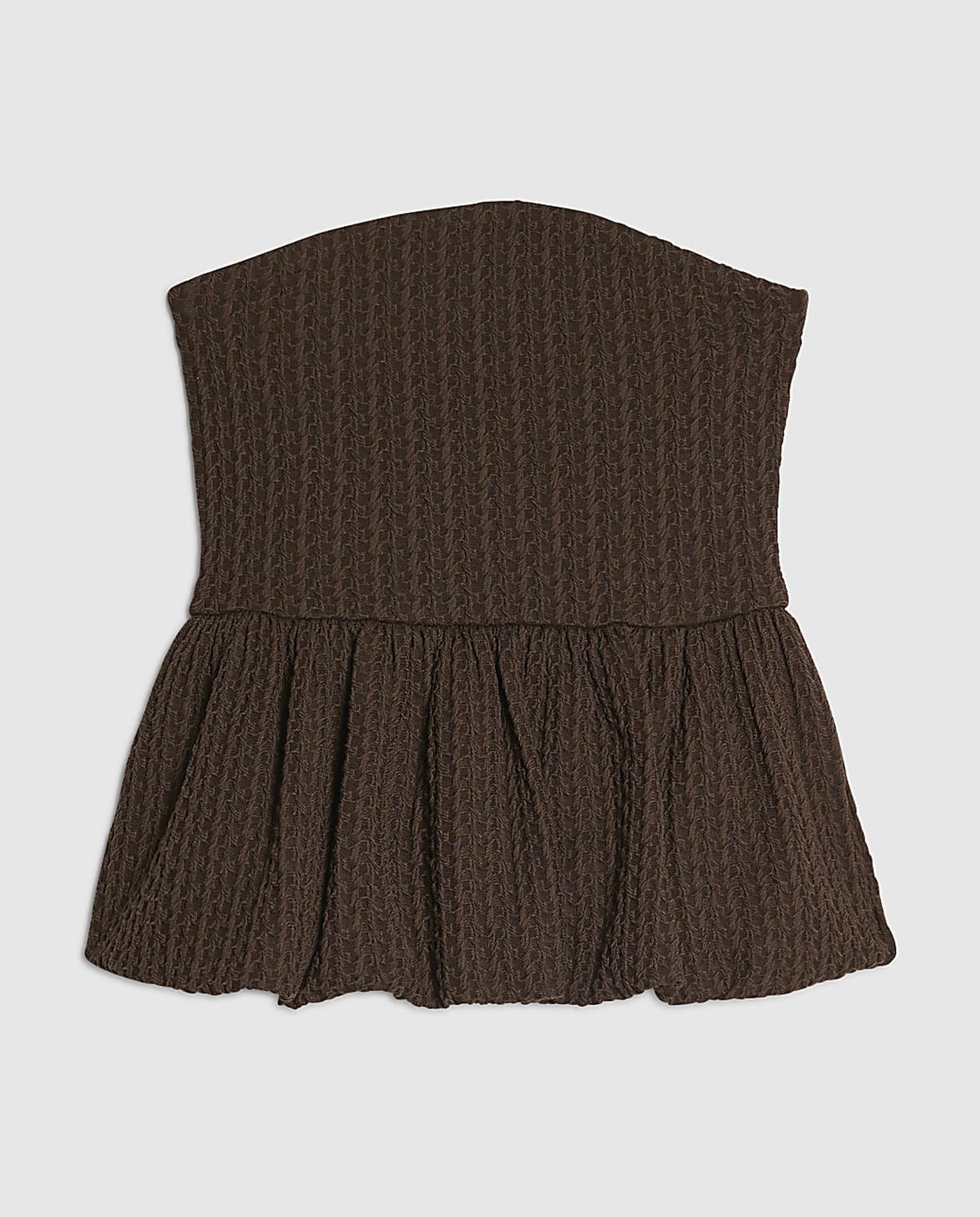 River Island Brown Cotton Blend Bandeau Texture Peplum Top, £32. (River Island/PA)