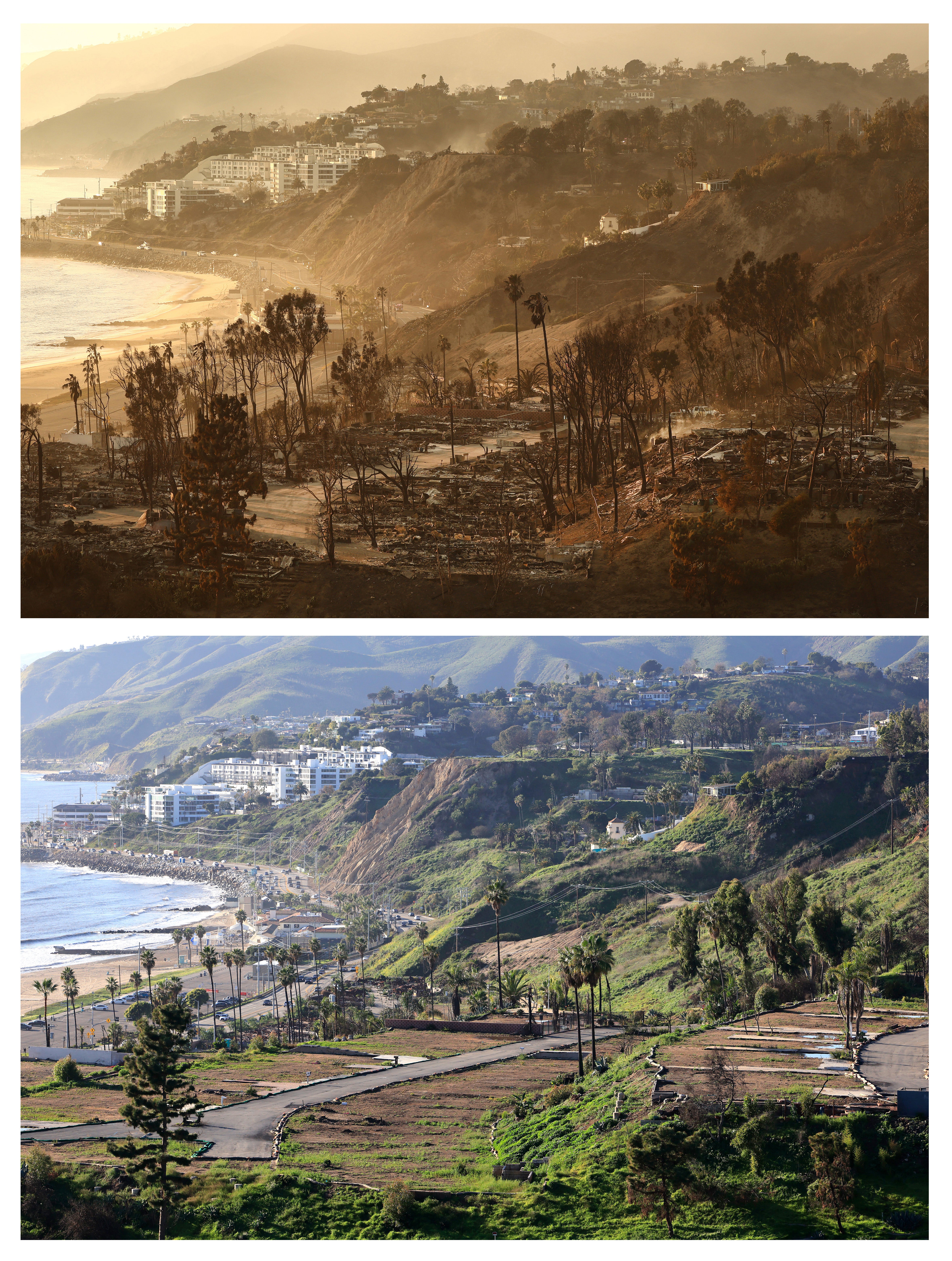In this before-and-after composite image, a comparison of images from the Palisades Fire