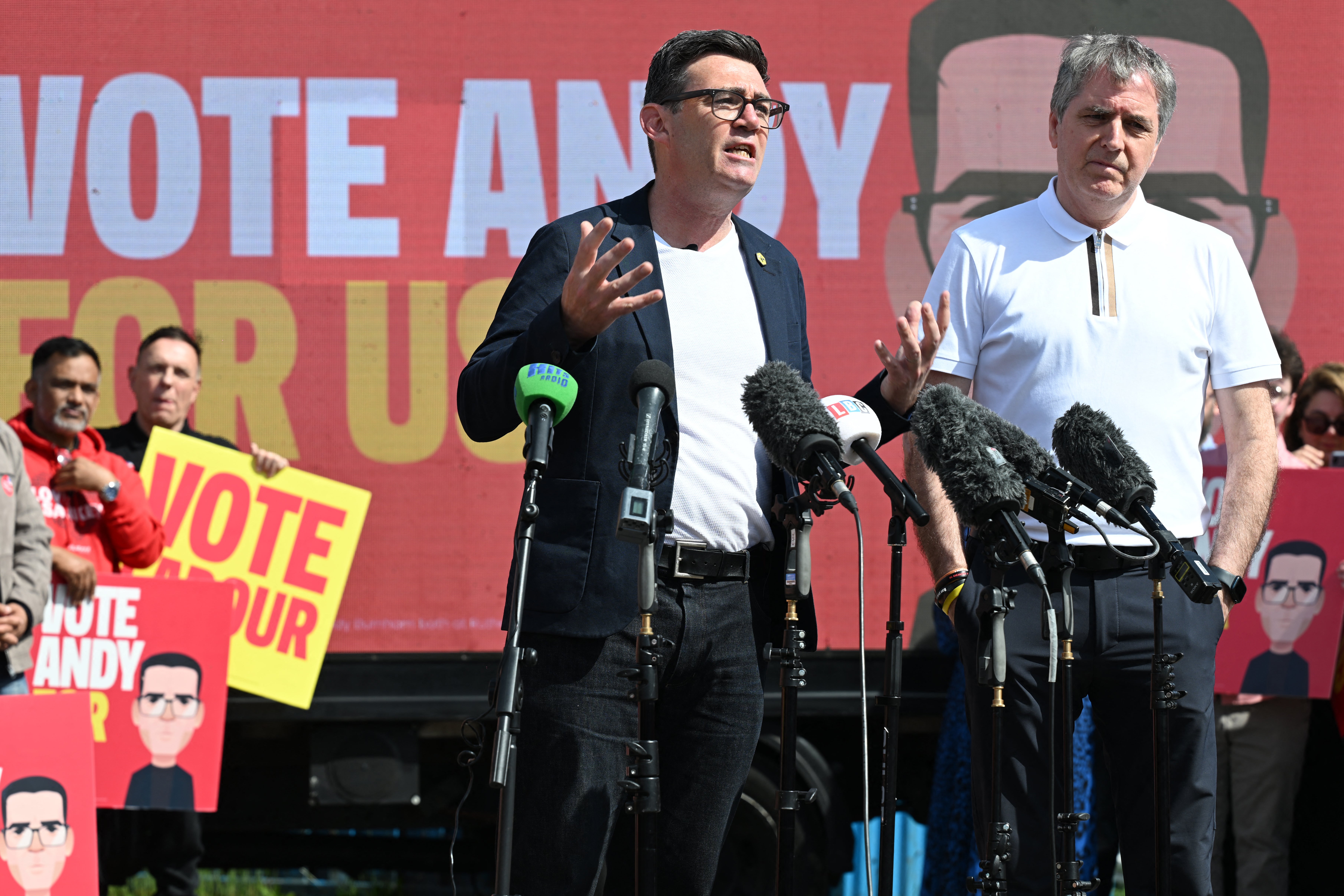 Andy Burnham (left) and Steve Rotheram during the Makerfield campaign (AFP/Getty)