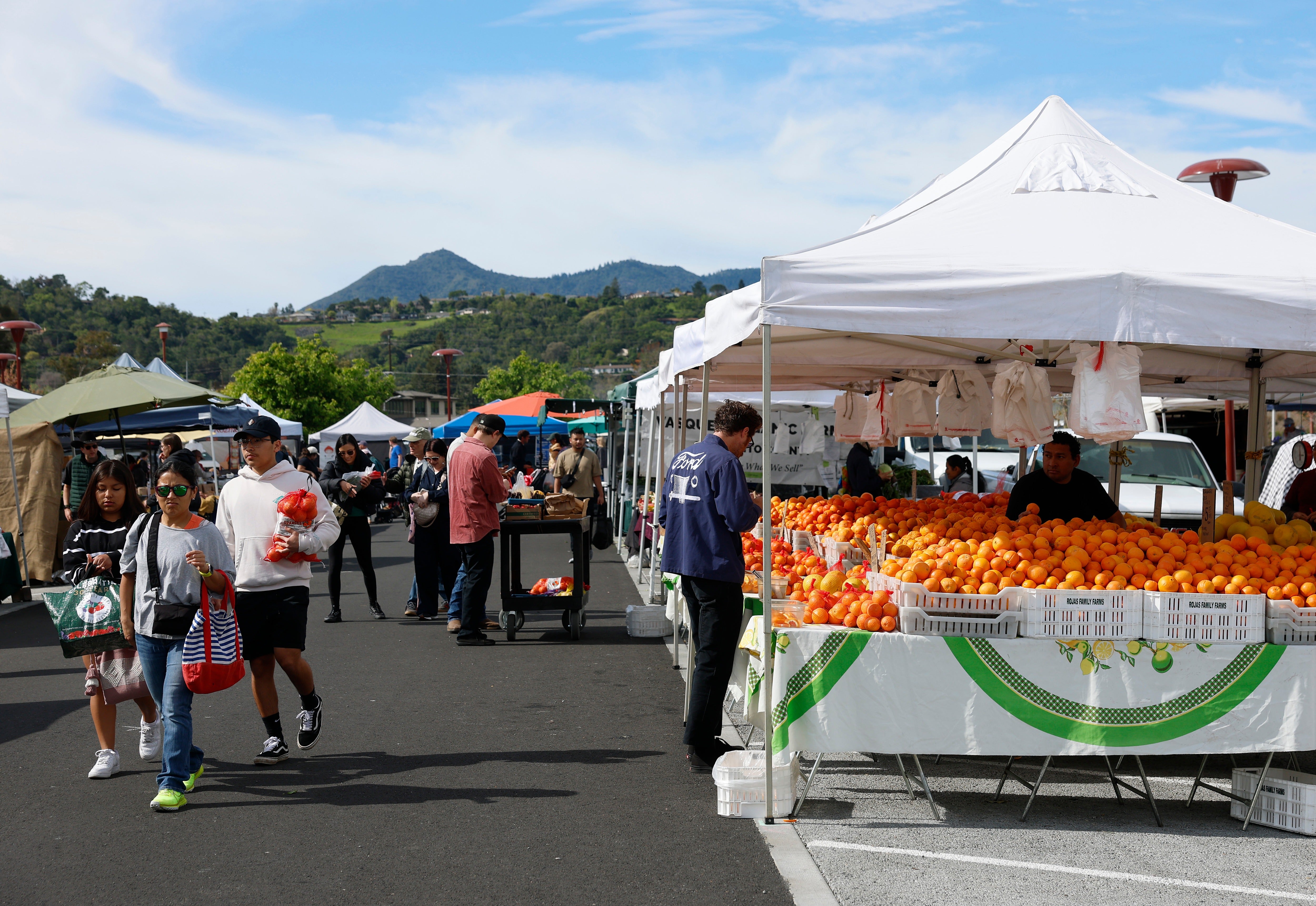 Shoppers walk through a farmers market in April 2025 in San Rafael, California. People should not wash the produce they purchase with soap or household cleaners