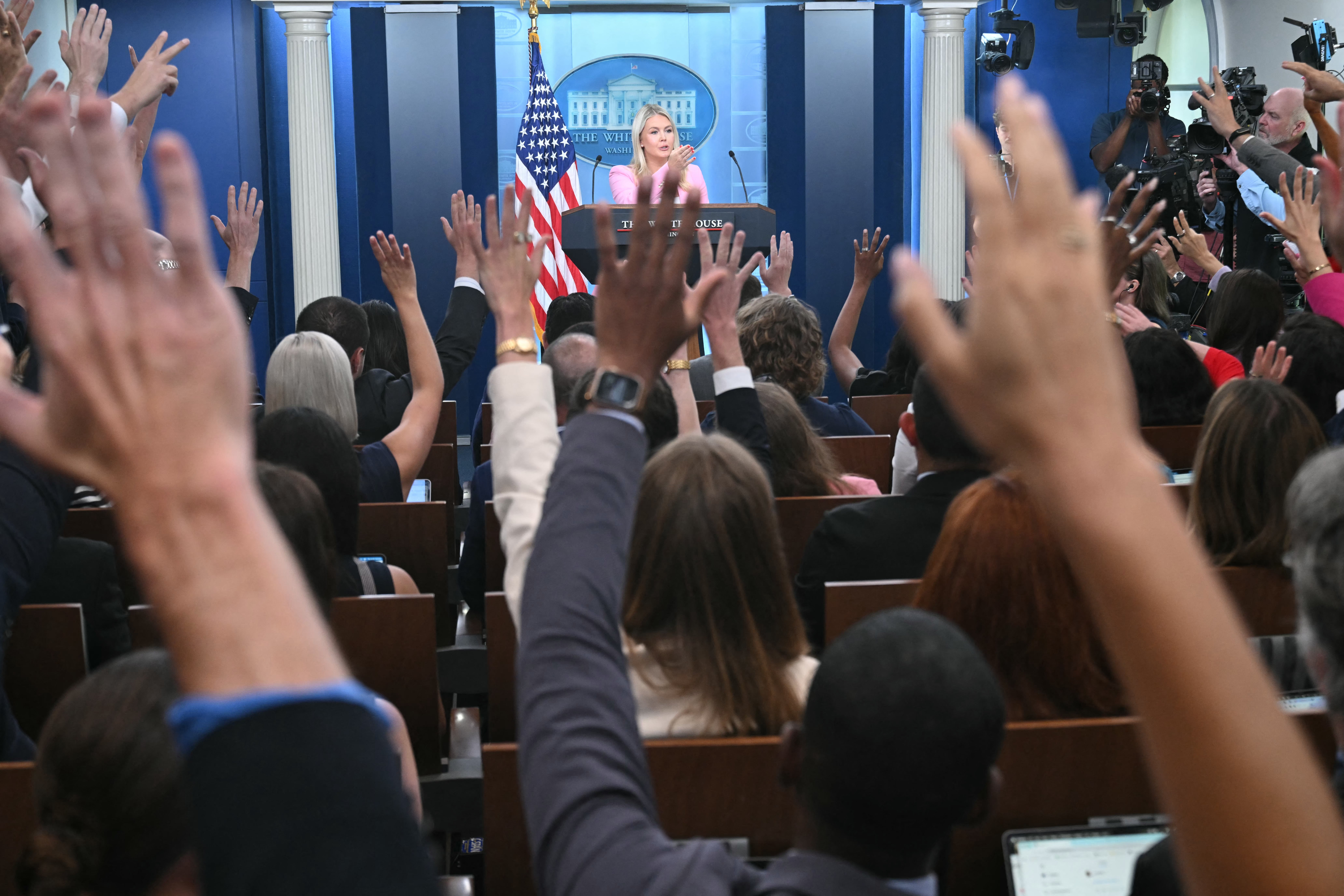 Leavitt opened with a mention of the ‘major address to the nation on protecting the integrity of our elections,’ then moved swiftly into a bizarre advertisement for goods at Walmart before answering a softball question about how ‘women who want to have it all.’ (AFP/Getty)