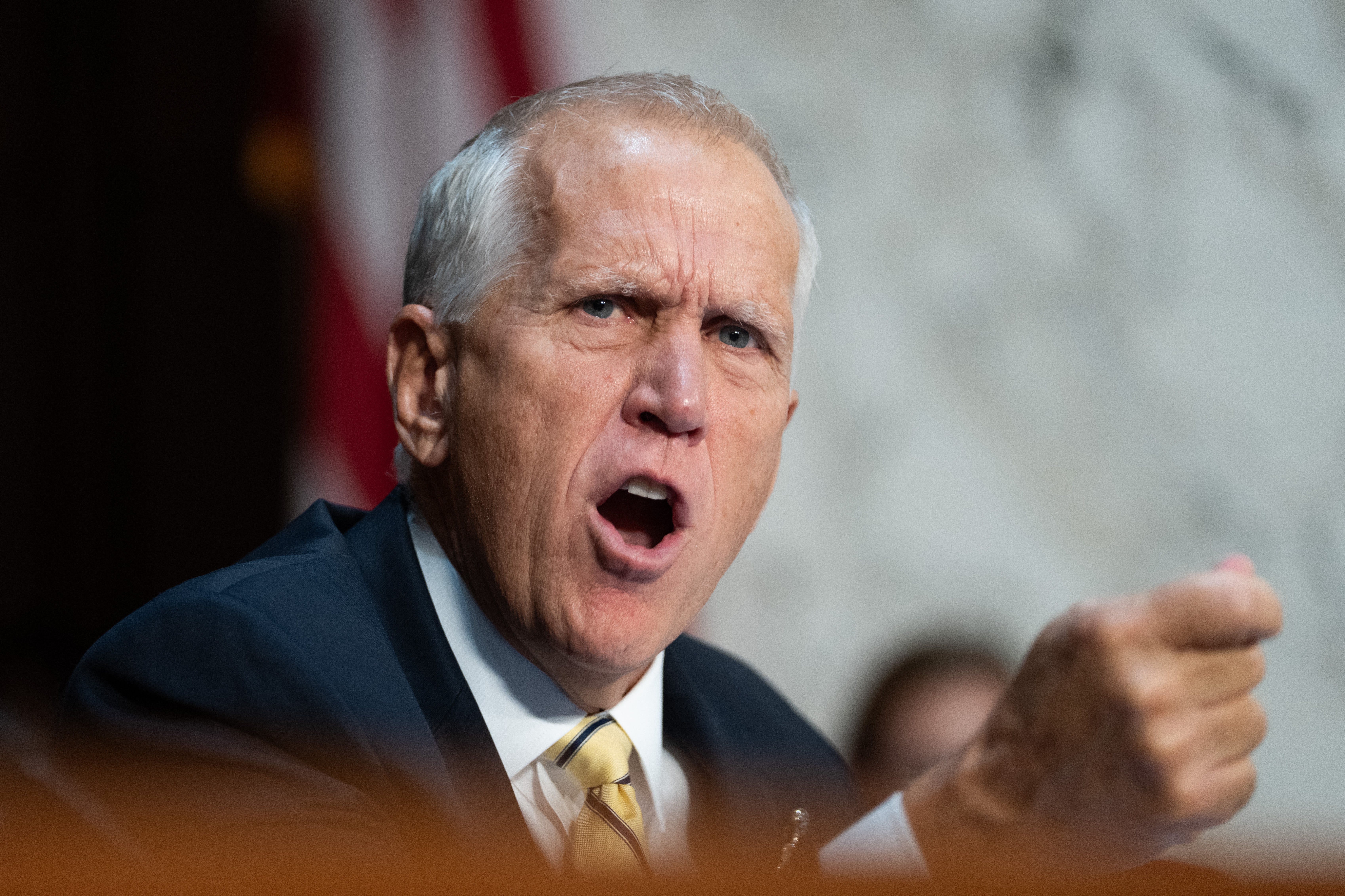 Sen. Thom Tillis, R-N.C., speaks during a Senate Judiciary Committee hearing with Acting Attorney General Todd Blanche on Capitol Hill in Washington, Wednesday, July 15, 2026. (AP Photo/Allison Robbert)