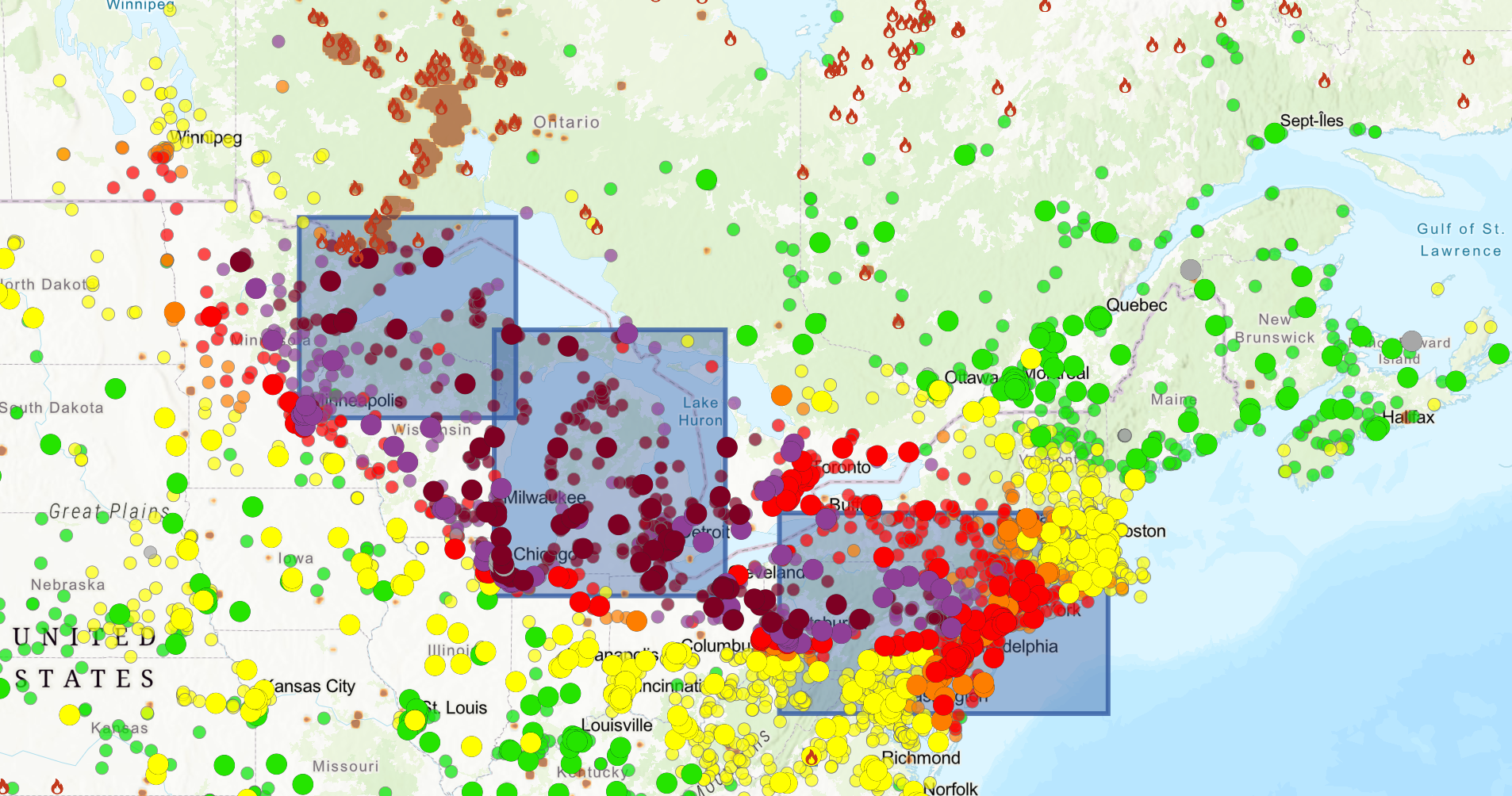 An AirNow Fire and Smoke map using NOAA and USGS data shows the regions of the U.S. and Canada most affected by the smoke produced by Canadian wildfires on Thursday, July 16. Areas marked in dark red are where the air quality is the most affected