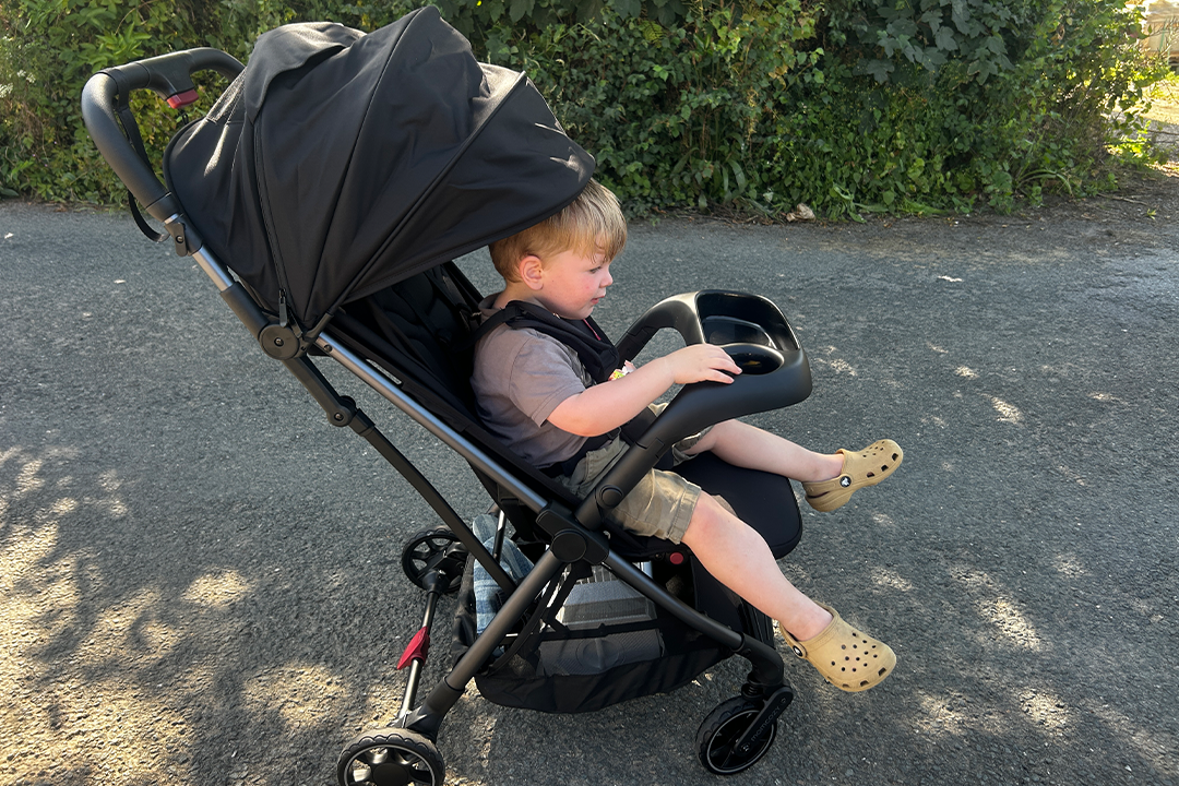 This stroller’s suspension handles curbs brilliantly and feels robust enough for rougher pavements (Rebecca Moore/The Independent)