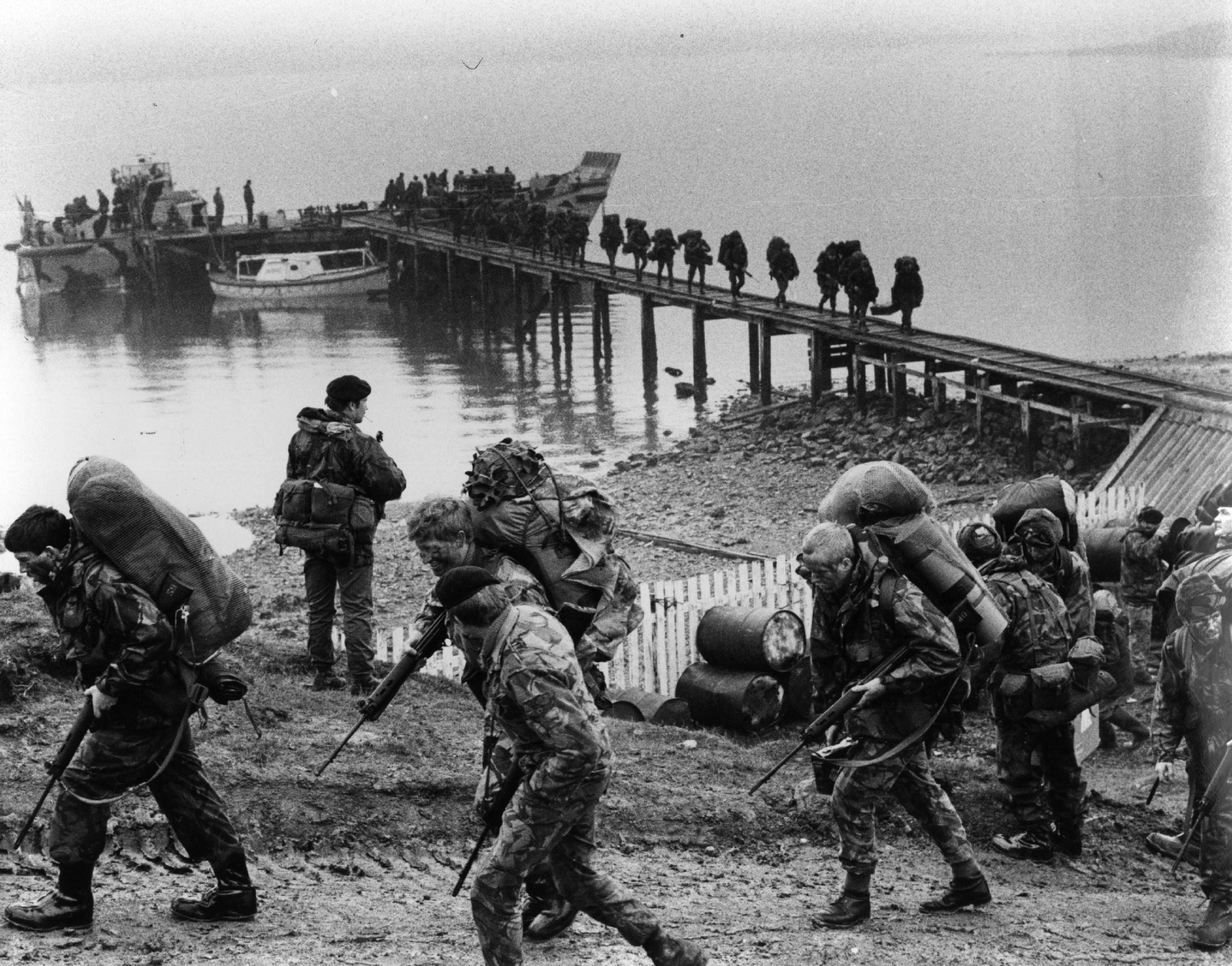 British troops arriving in the Falklands Islands during the Falklands War in 1982