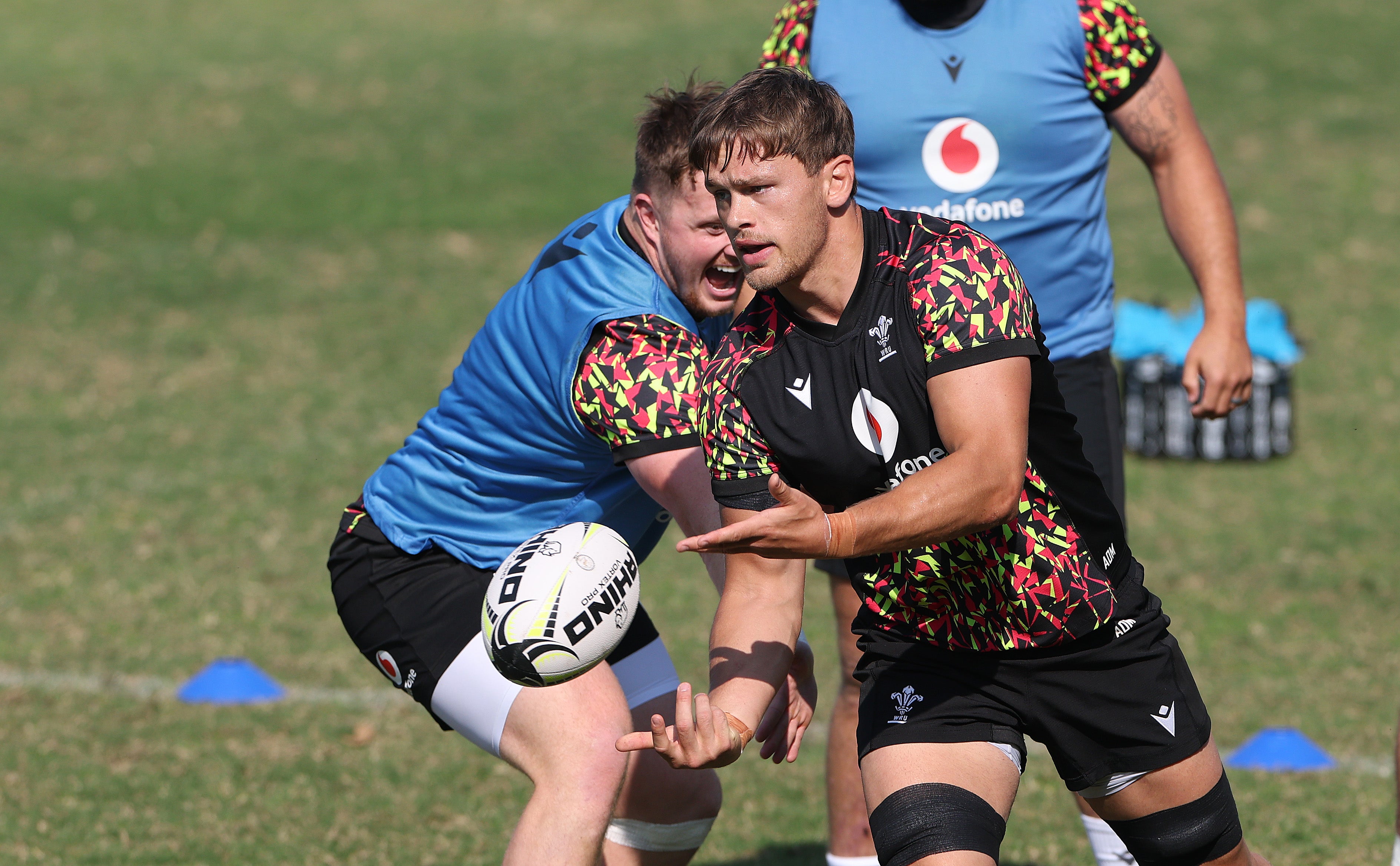 Alex Mann passes the ball during the Wales training session at Northwood School in Durban