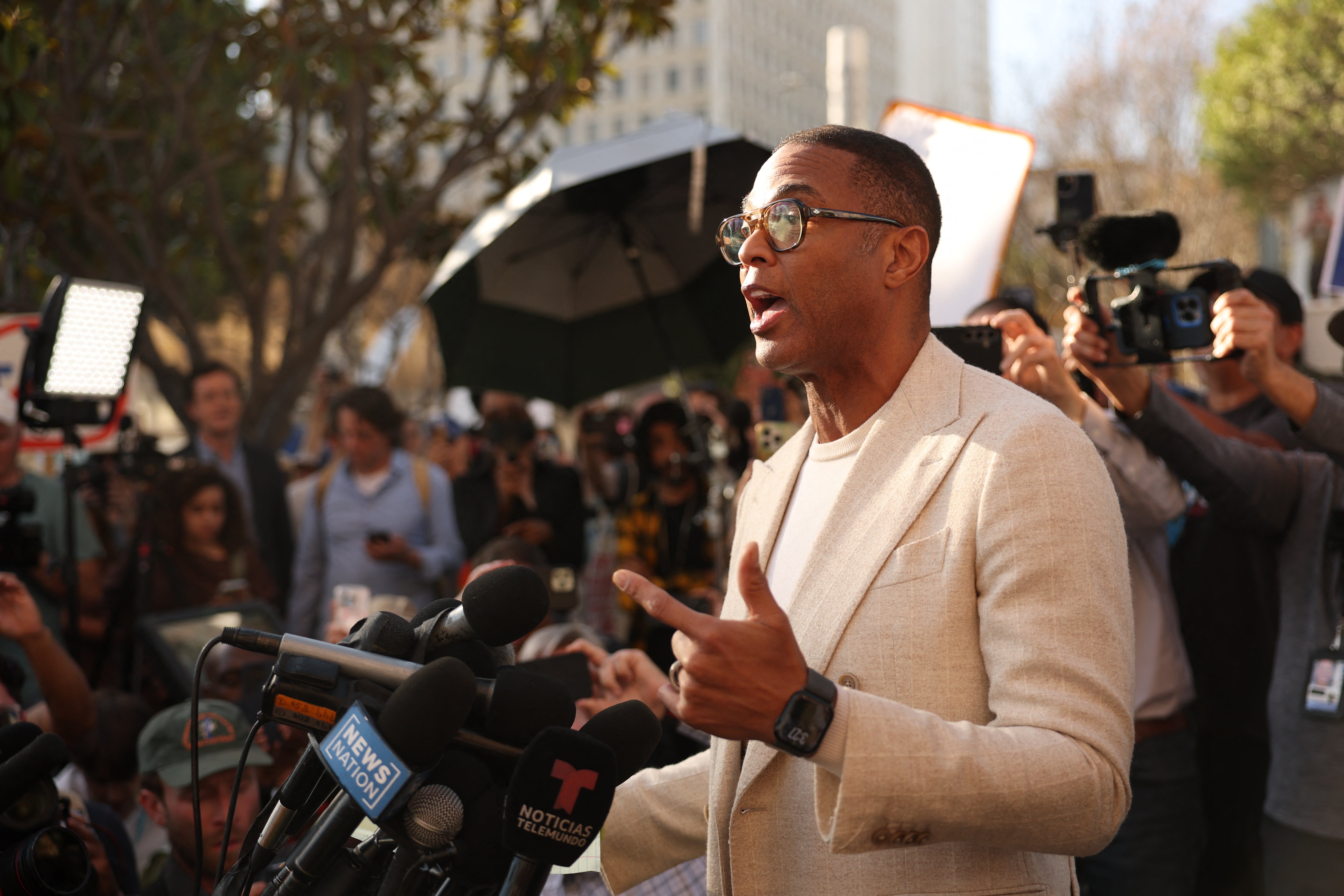 Don Lemon speaking to the media after being charged by Lemon with civil rights crimes over coverage of immigration protests in Minneapolis, on January 30.