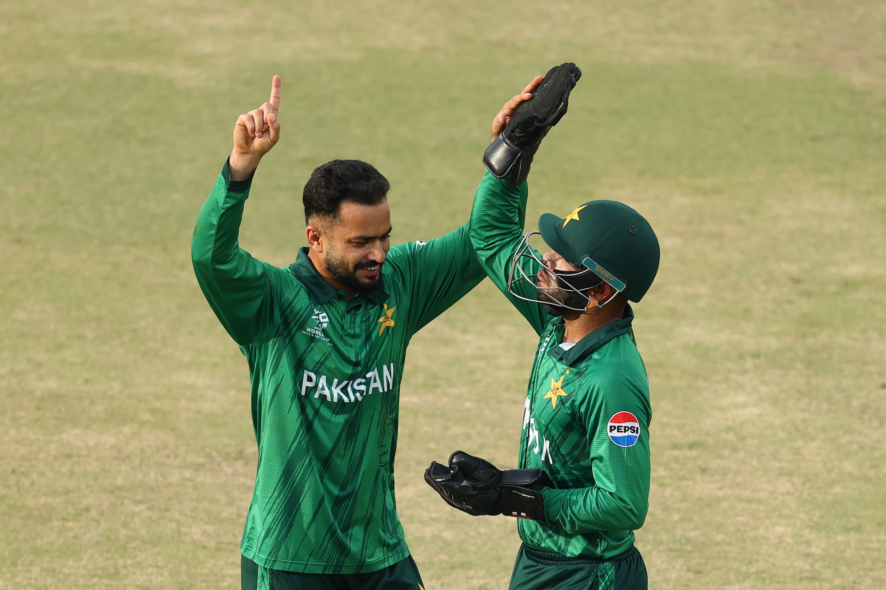 Nawaz (left) took seven wickets at the World Cup