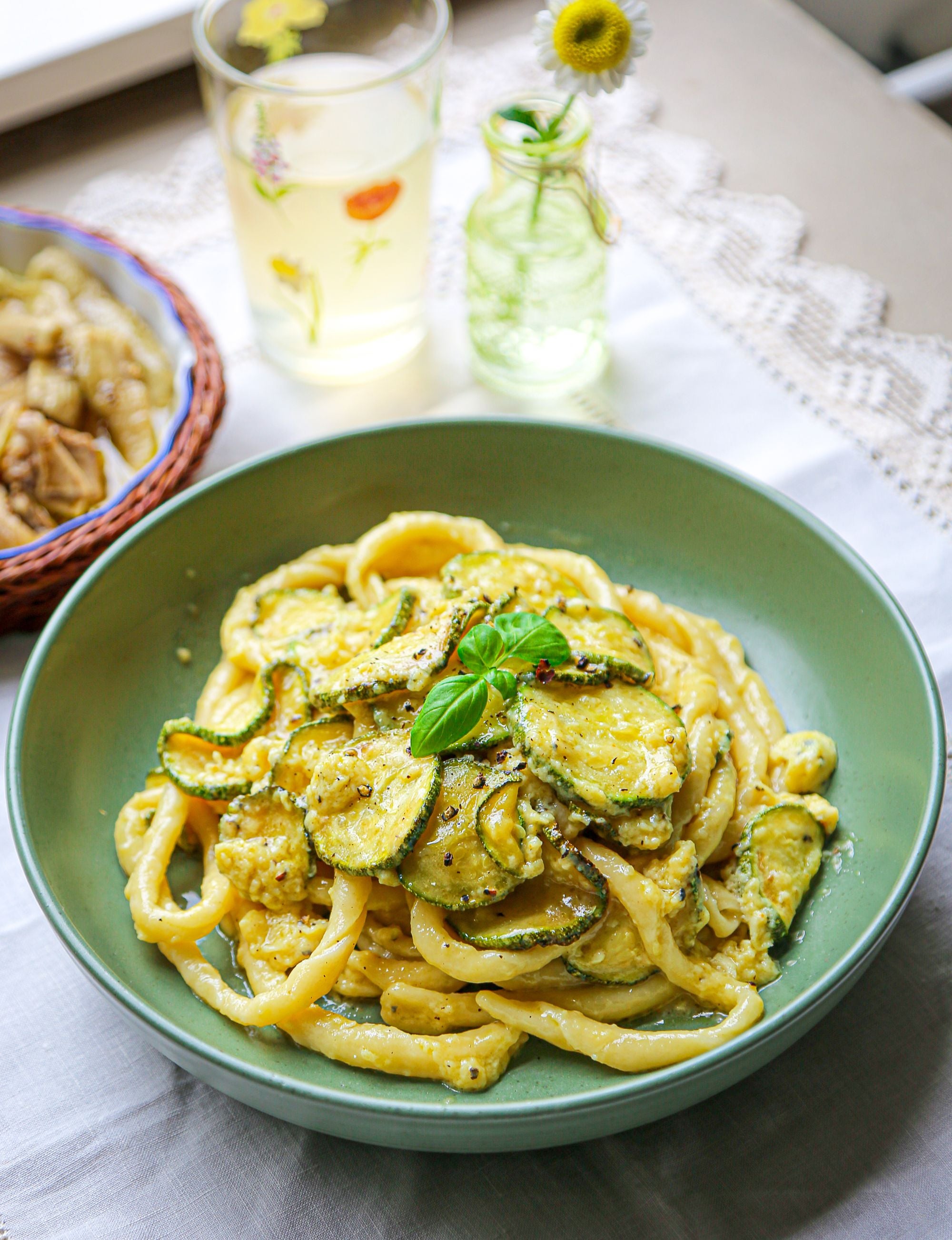 A childhood courgette carbonara reworked with hand-shaped busiate