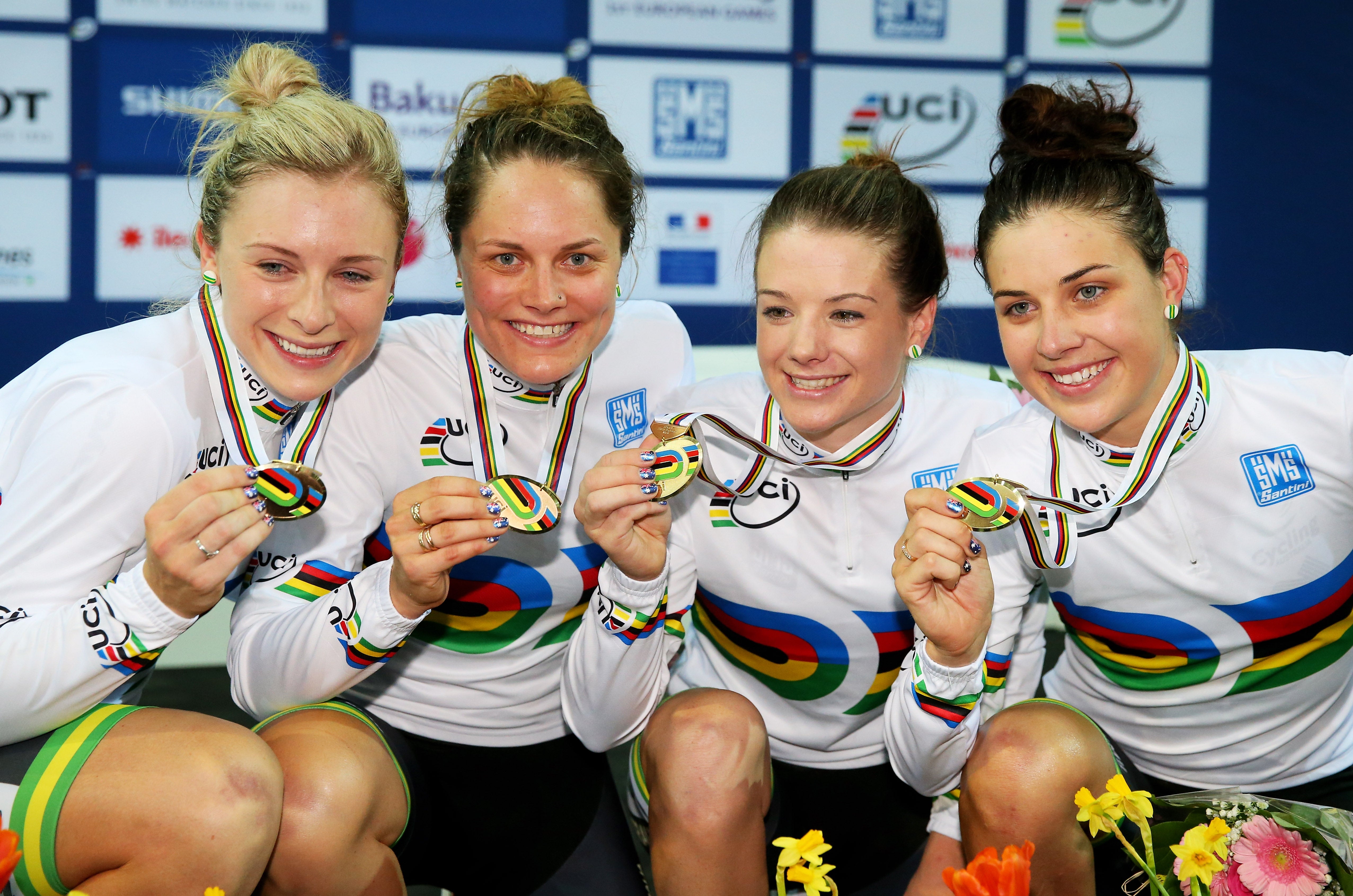 Melissa Hoskins (right) was part of the team pursuit squad which won the world title in 2015