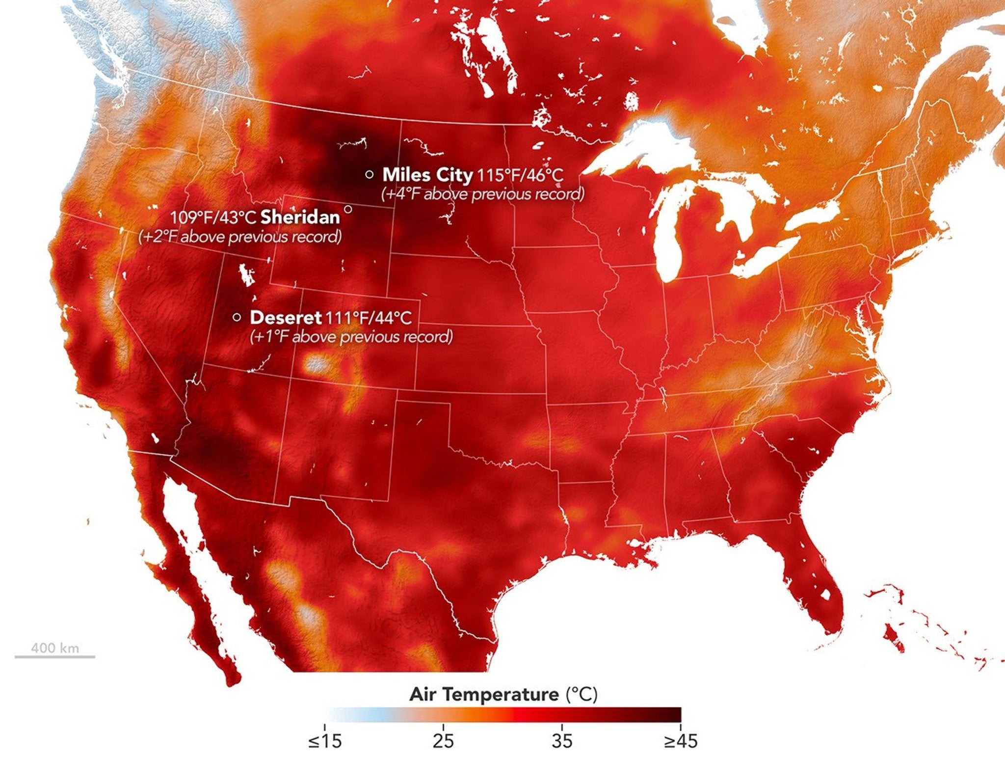 A heat dome caused soaring temperatures in the U.S. this month, breaking records in Montana, Wyoming and Utah. The darkest areas on the map show the areas with the highest temperatures, whereas gray, yellow and orange shading shows areas least affected