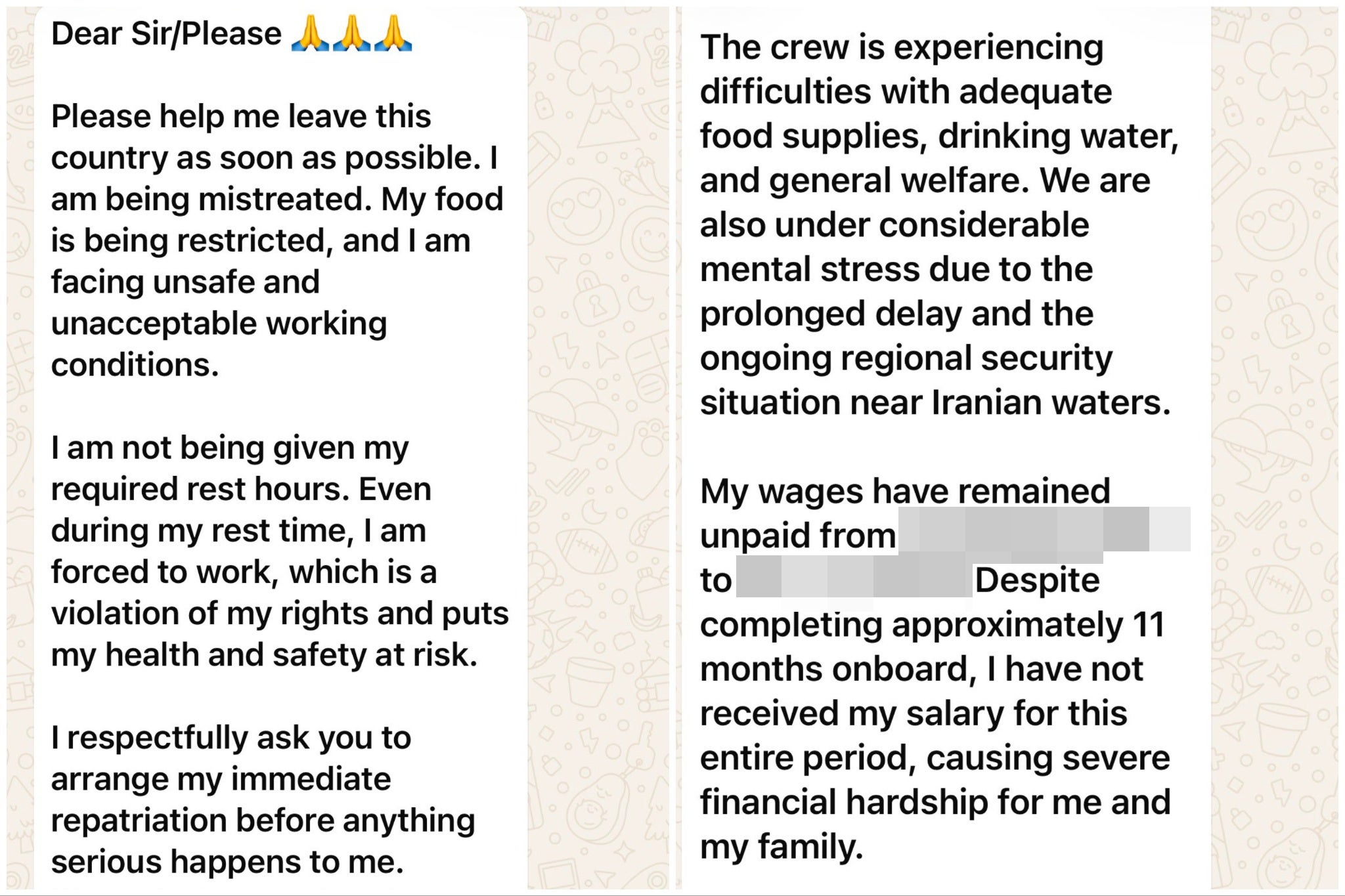 A message from a sailor who has not been paid for 11 months
