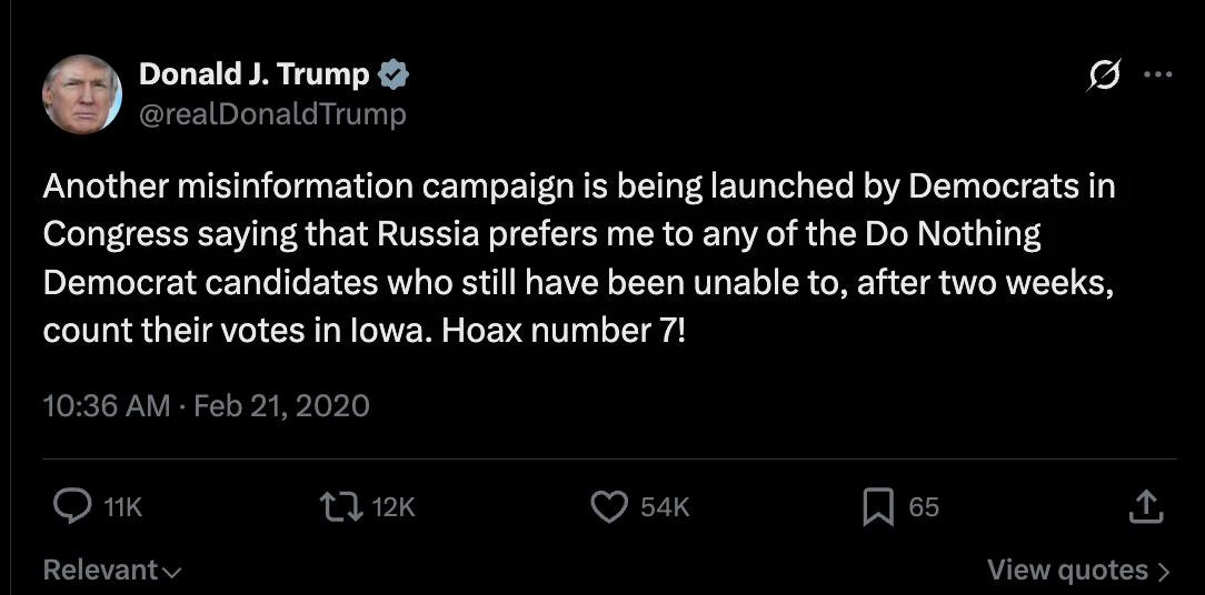 President Trump previously denied intelligence assessments that said Russia favored him as a candidate in the 2020 election