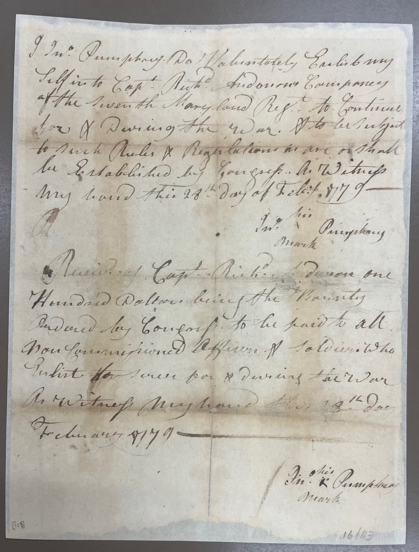 A copy of Pvt. John Pumphrey's re-enlistment contract with the 7th Maryland Regiment, dated Feb. 28, 1779