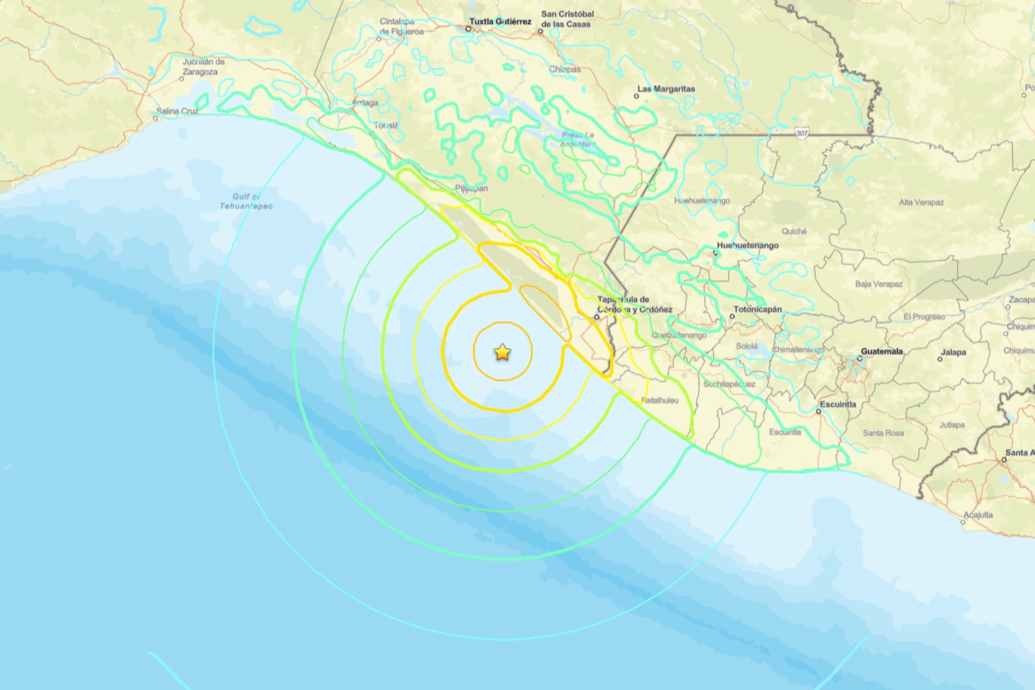 The epicentre of the earthquake, leading to concerns of a potential tsunami