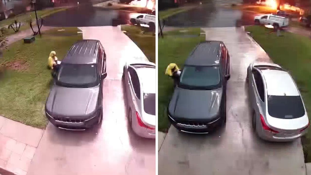 Close call as lightning strikes sends woman running for her life