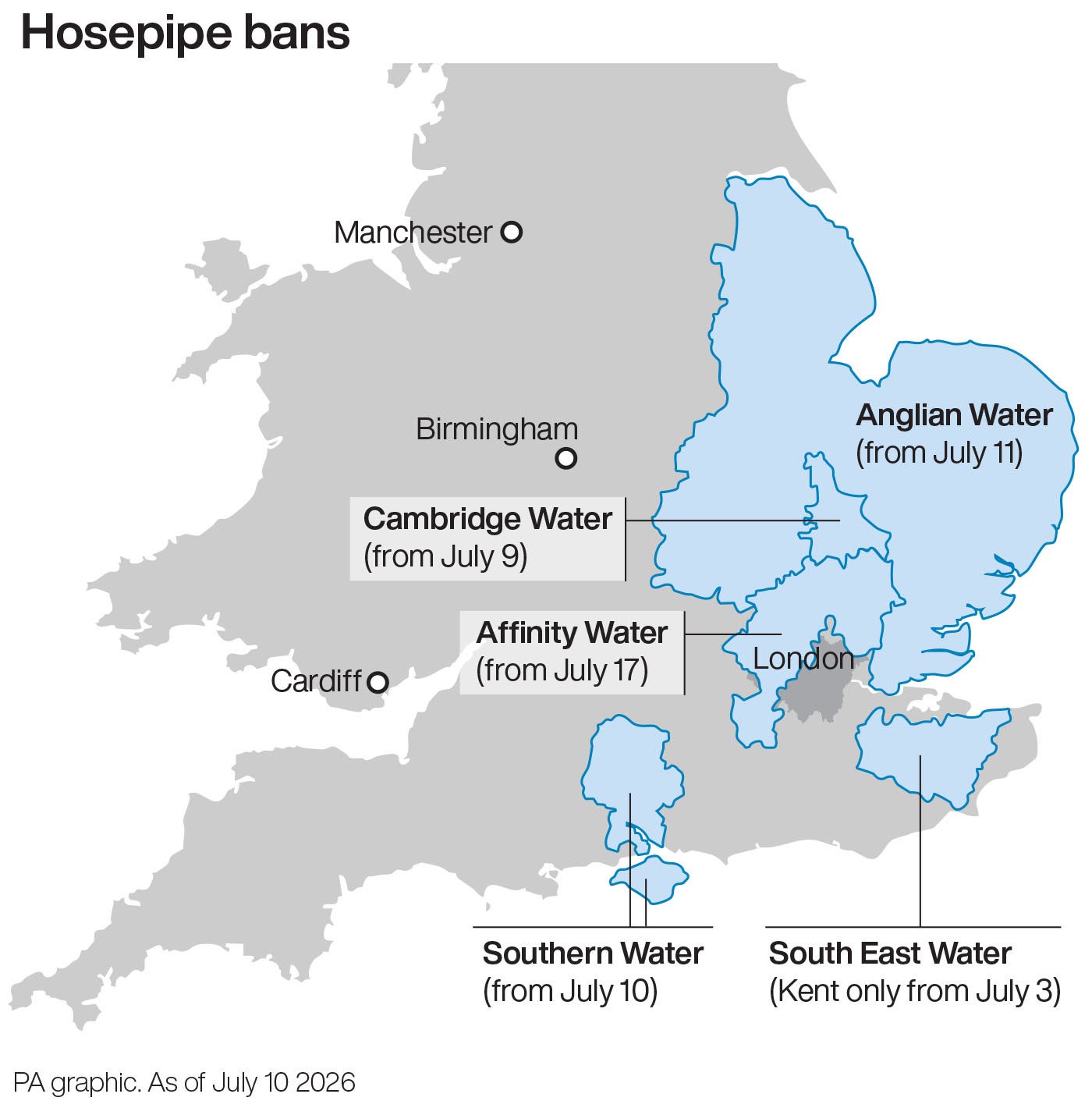 Map of England with areas subject to hosepipe bans highlighted in blue