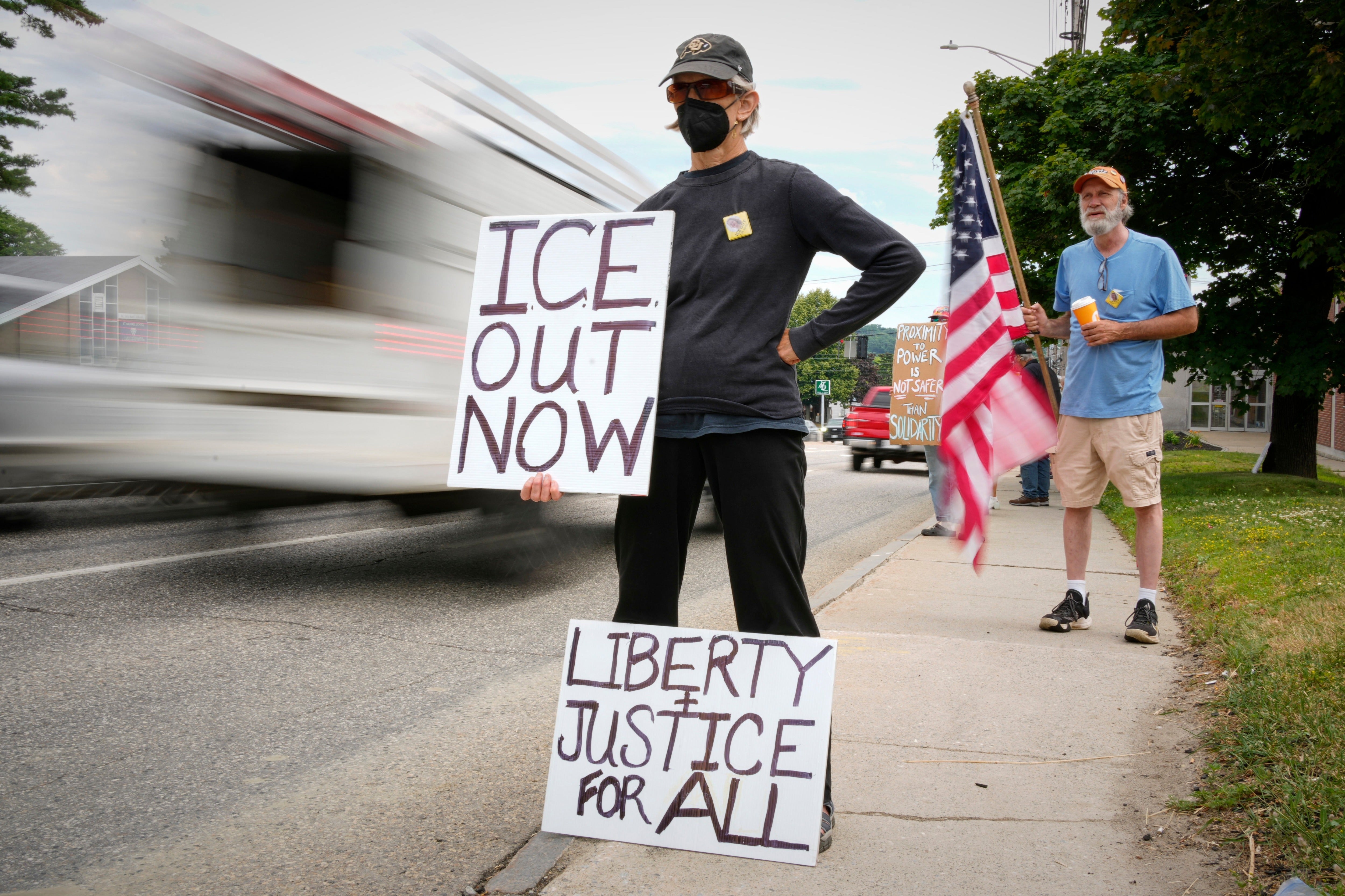 Members of the Capitol Area Indivisible group protest against U.S. Immigration and Customs Enforcement outside the Edmund Muskie Federal Building, Thursday, July 16, 2026, in Augusta, Maine (AP Photo/Robert F. Bukaty)