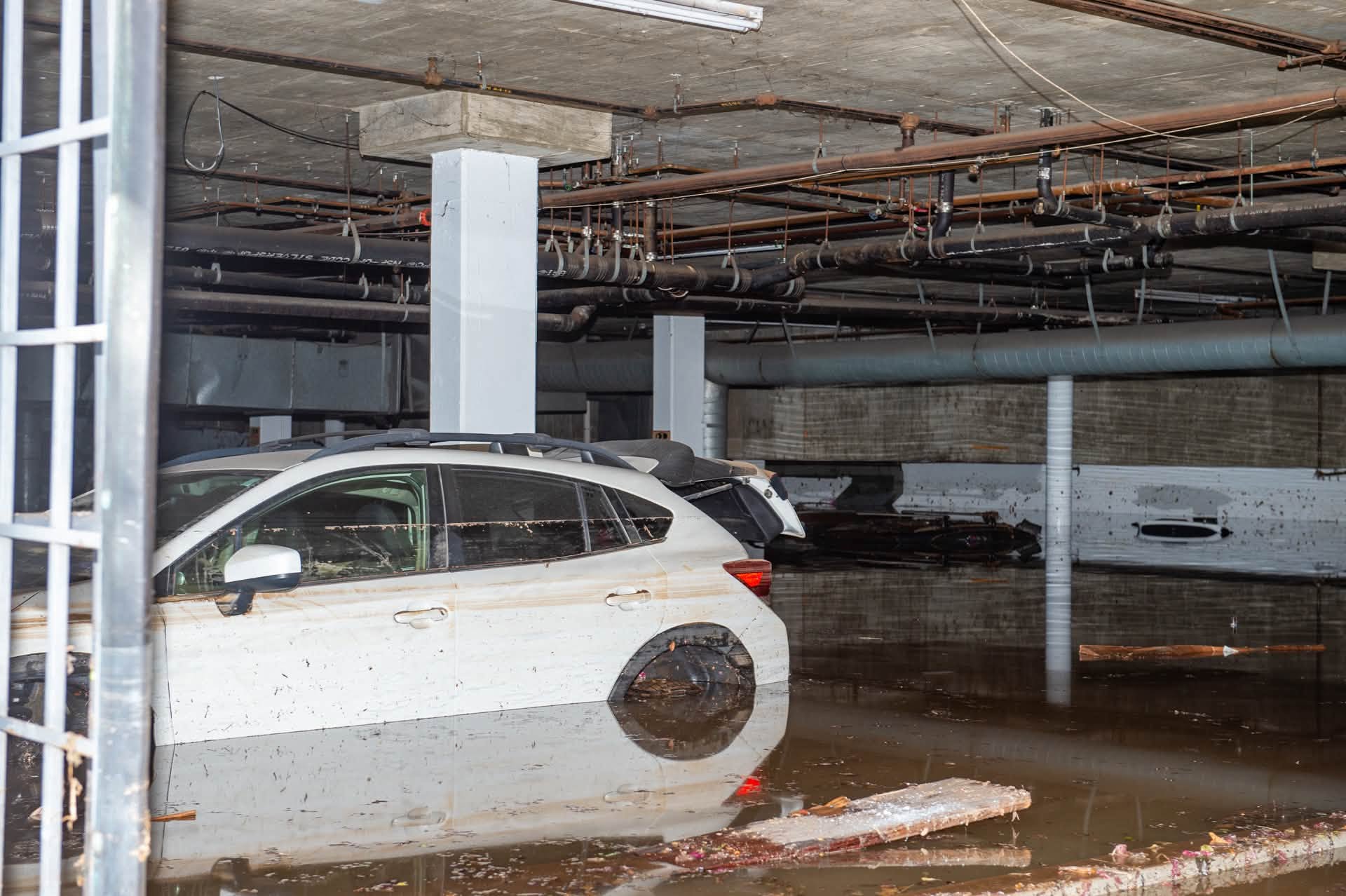 Photos showed what appeared to be an underground parking lot submerged under several feet of water on Thursday. (Los Angeles Fire Department)