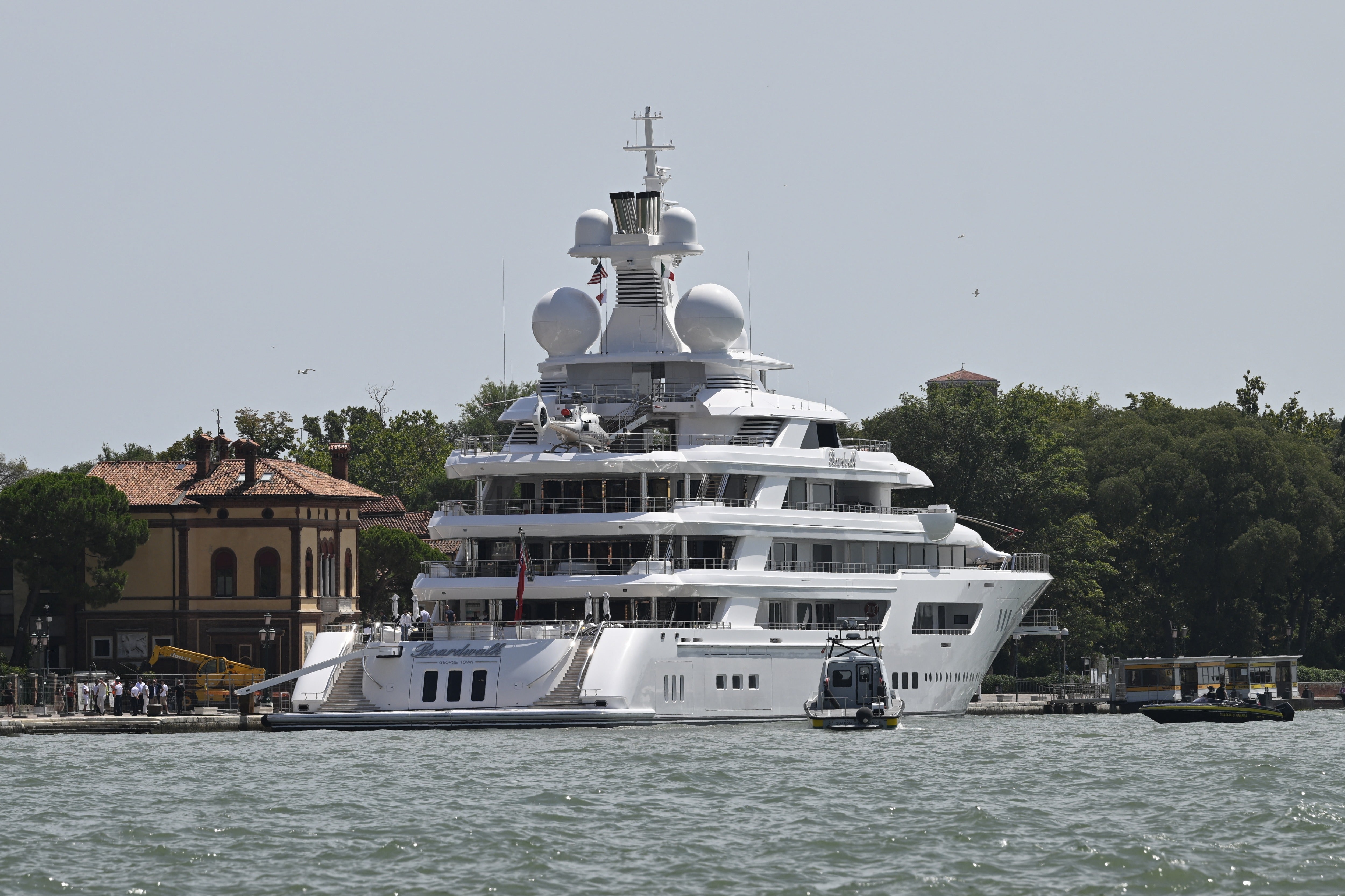 The super yacht ‘Boardwalk’ is moored in Venice on July 17, 2026